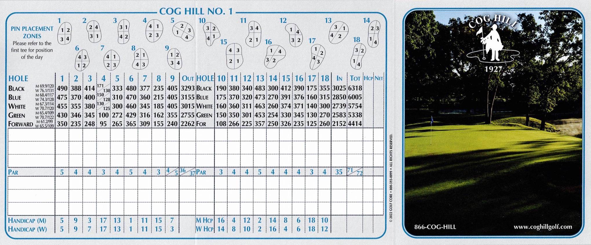 Scan of the scorecard from Cog Hill Course #1 in Palos Park, Illinois. Note that hole 4 has two completely separate greens and tee box areas, and can be played at a wide variety of distances as a result. Also, hole 9 can be played as a par 4 or 5.