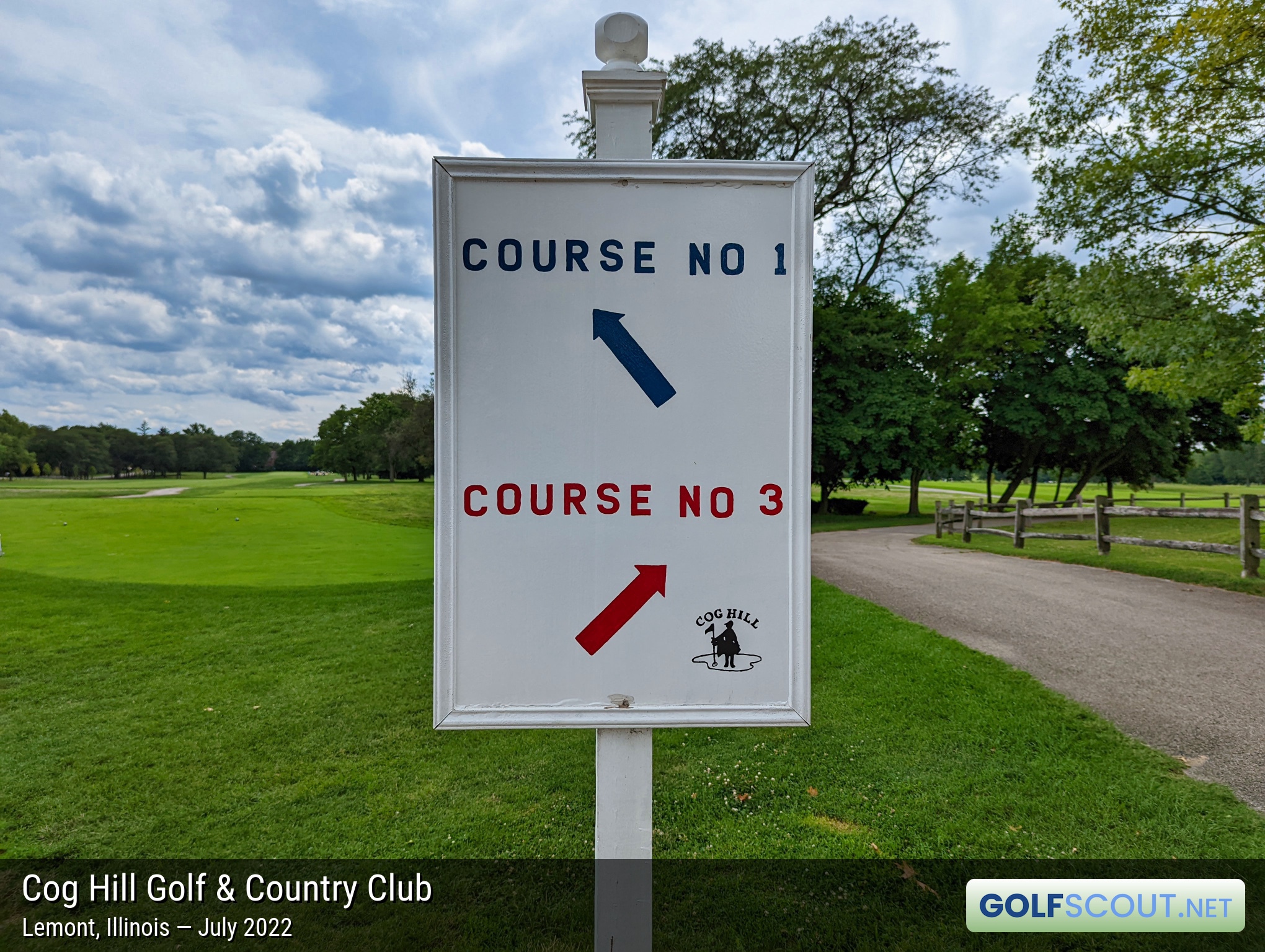 Miscellaneous photo of Cog Hill Course #1 in Palos Park, Illinois. Cog has smartly adopted a consistent color scheme for their courses. Course #1 always has blue signage, on course, in the scorecard, etc. Course #3 is red.