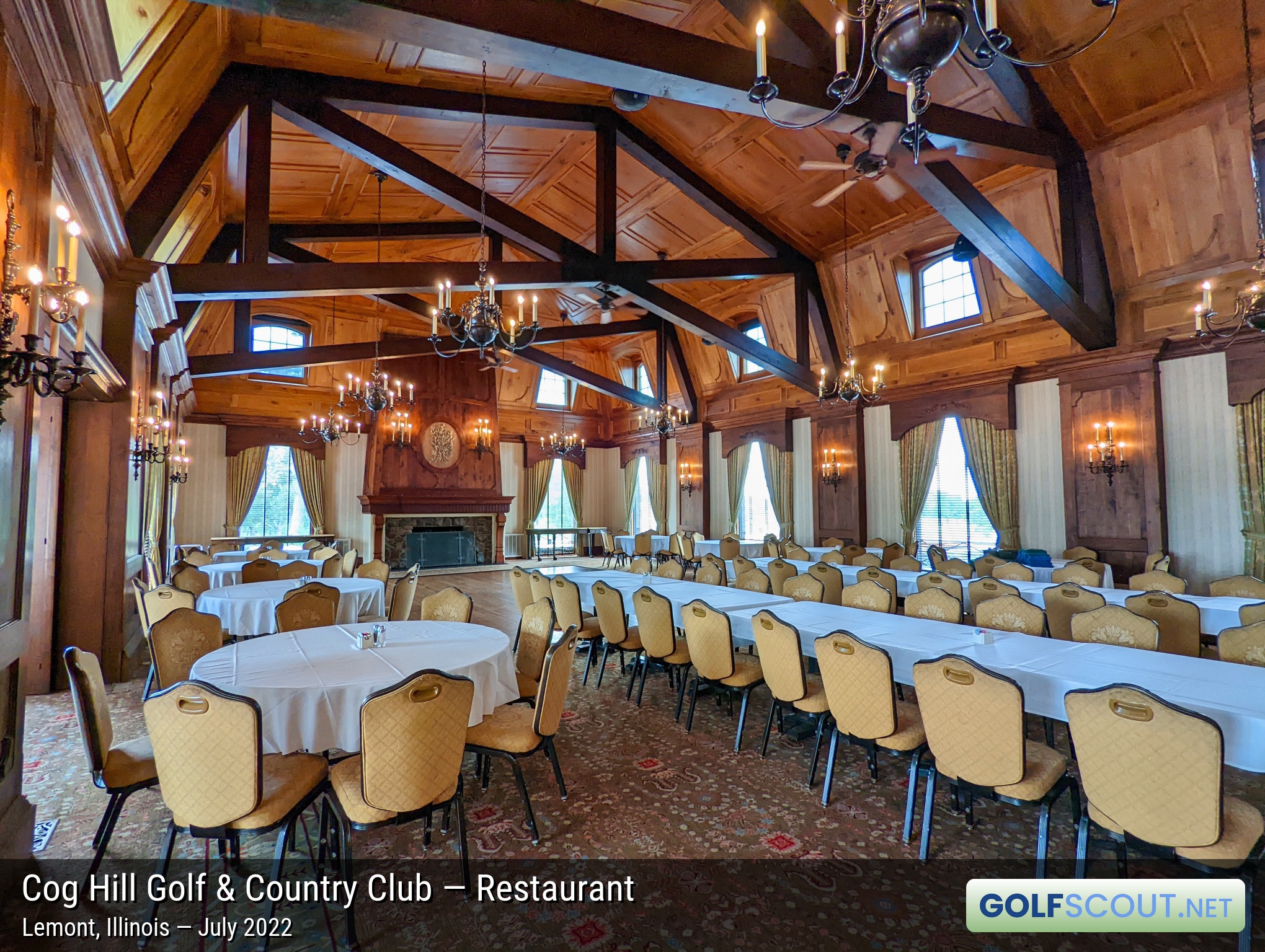 Photo of the restaurant at Cog Hill Course #1 in Lemont, Illinois. Cog Hill's main dining hall has 30 foot ceilings.
