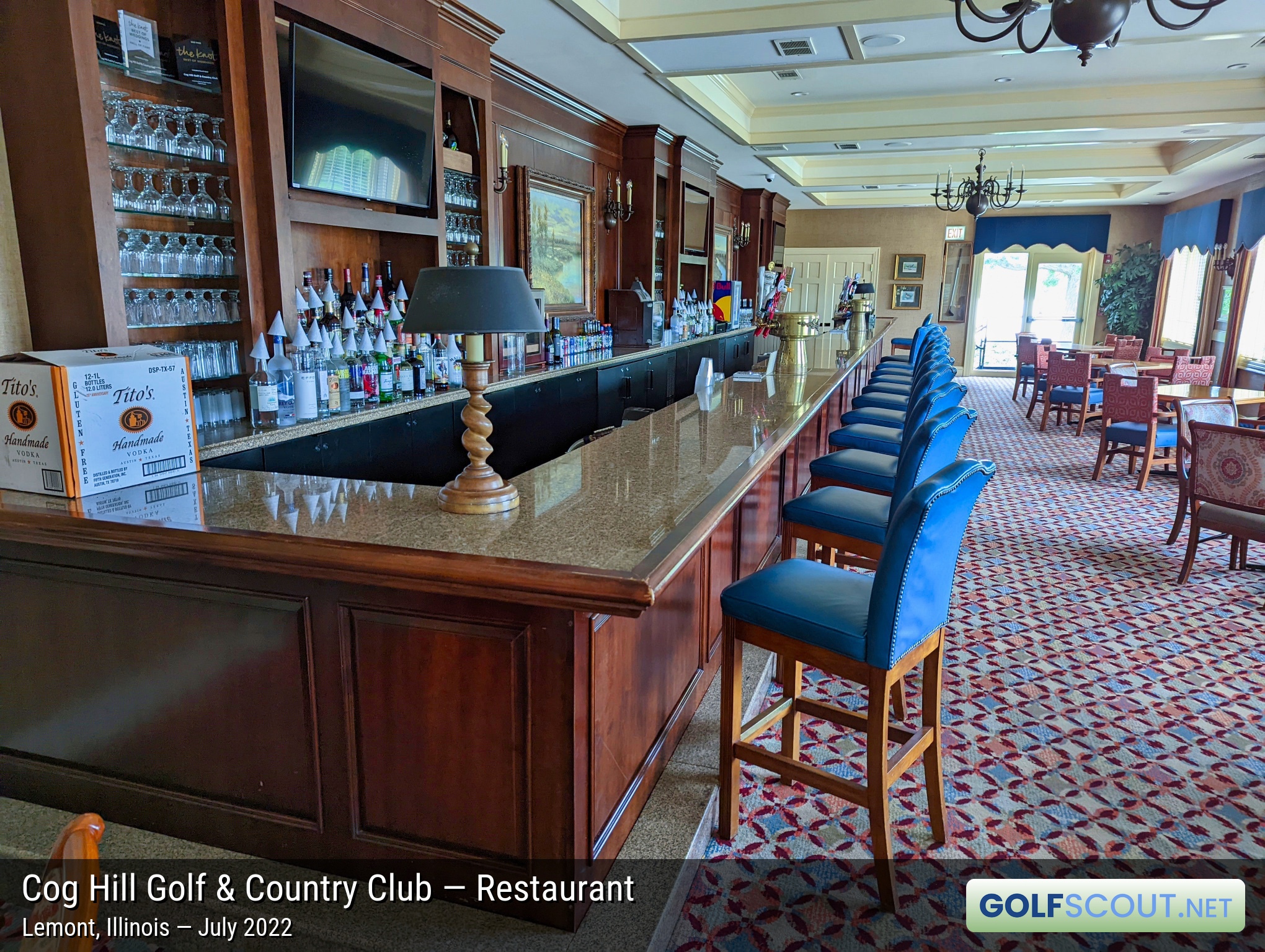 Photo of the restaurant at Cog Hill Course #1 in Lemont, Illinois. The bar in one of the many dining areas in the clubhouse.
