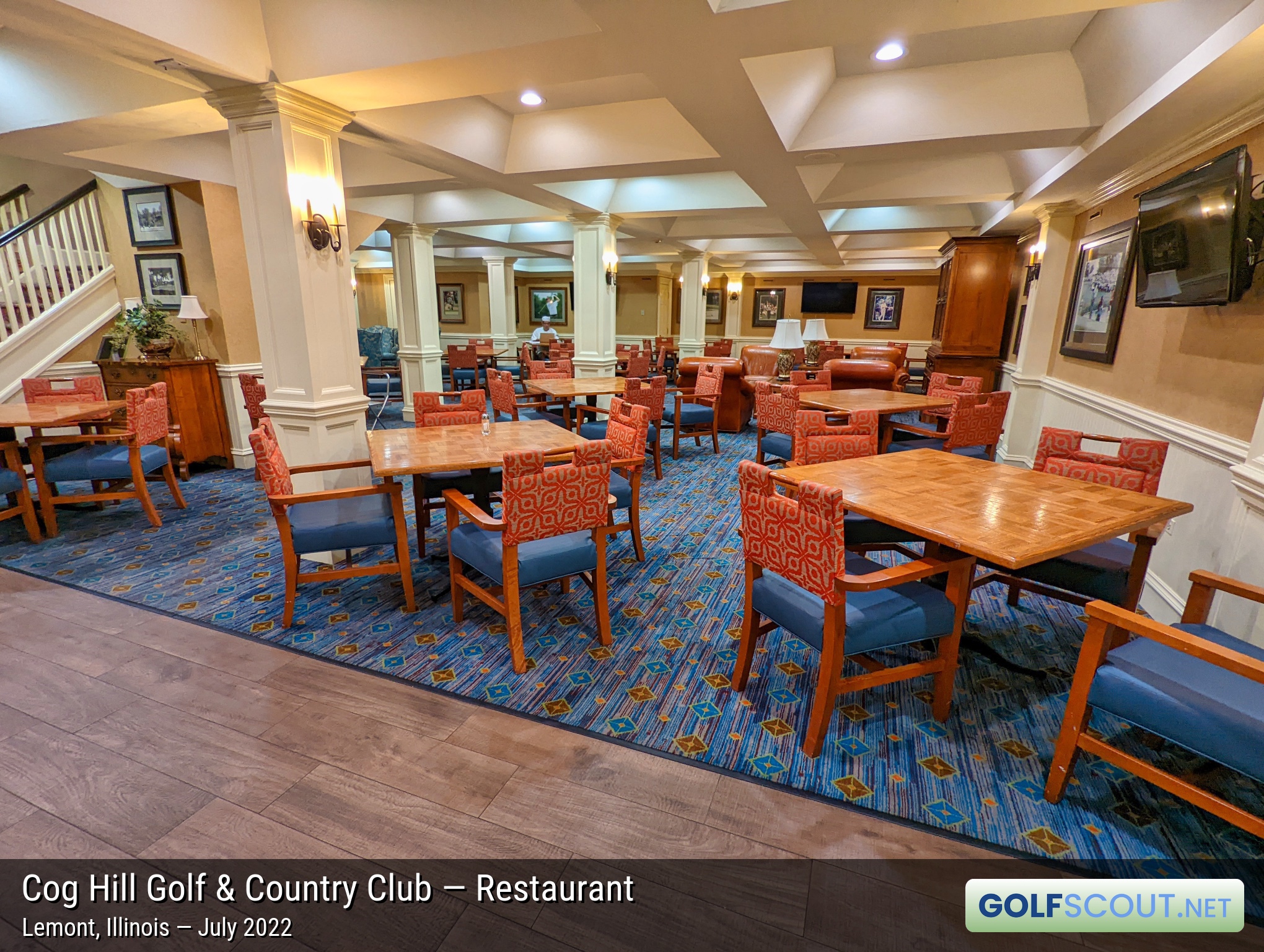 Photo of the restaurant at Cog Hill Course #1 in Lemont, Illinois. The basement dining area in the main clubhouse.