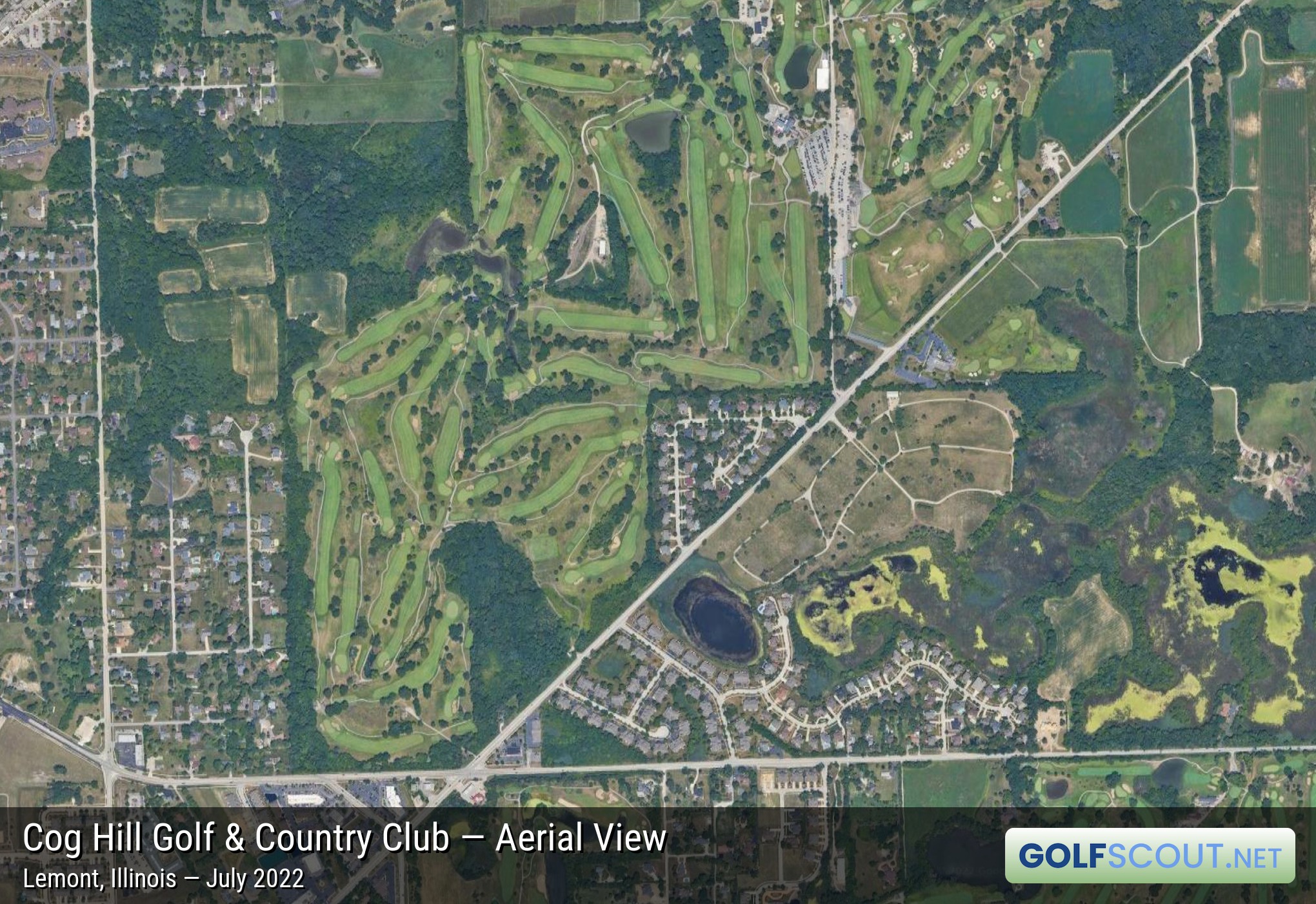 Aerial satellite imagery of Cog Hill Course #1 in Lemont, Illinois. This image is zoomed in on the southwest area of Cog Hill where Courses 1 and 3 are located. Image courtesy of Google Maps.