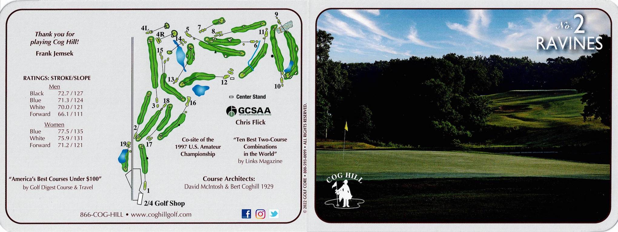 Scan of the scorecard from Cog Hill Course #2 - Ravines in Palos Park, Illinois. 