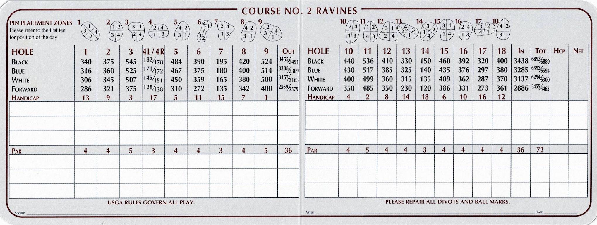 Scan of the scorecard from Cog Hill Course #2 - Ravines in Palos Park, Illinois. Note that hole 4 has two completely separate tee boxes and greens, called 4L and 4R, which add variety to the course depending on when you play it.