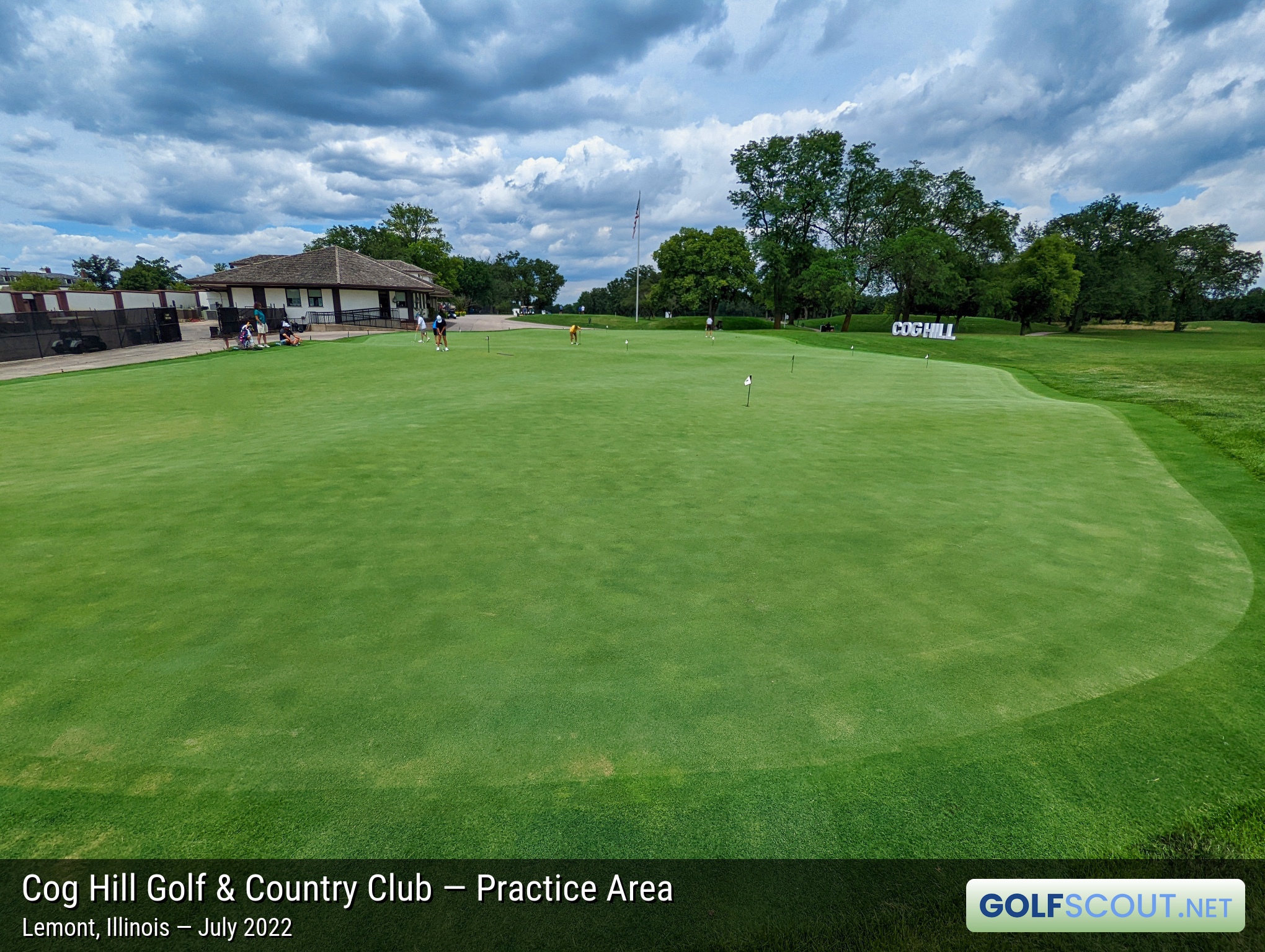 Photo of the practice area at Cog Hill Course #2 - Ravines in Lemont, Illinois. This is the enormous putting green dedicated to courses 2 and 4.