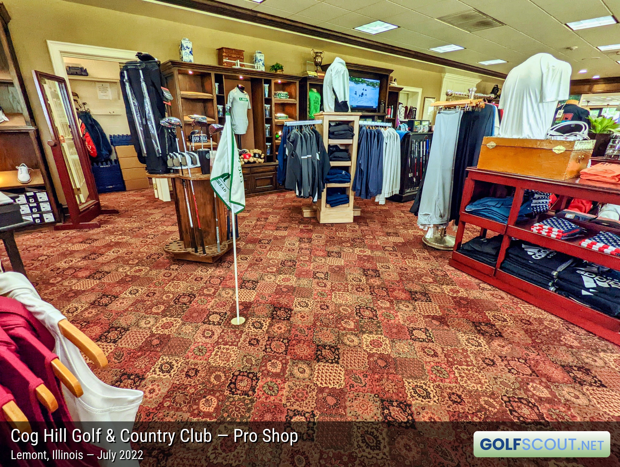 Photo of the pro shop at Cog Hill Course #2 - Ravines in Lemont, Illinois. A huge amount of Cog Hill logo stuff available.