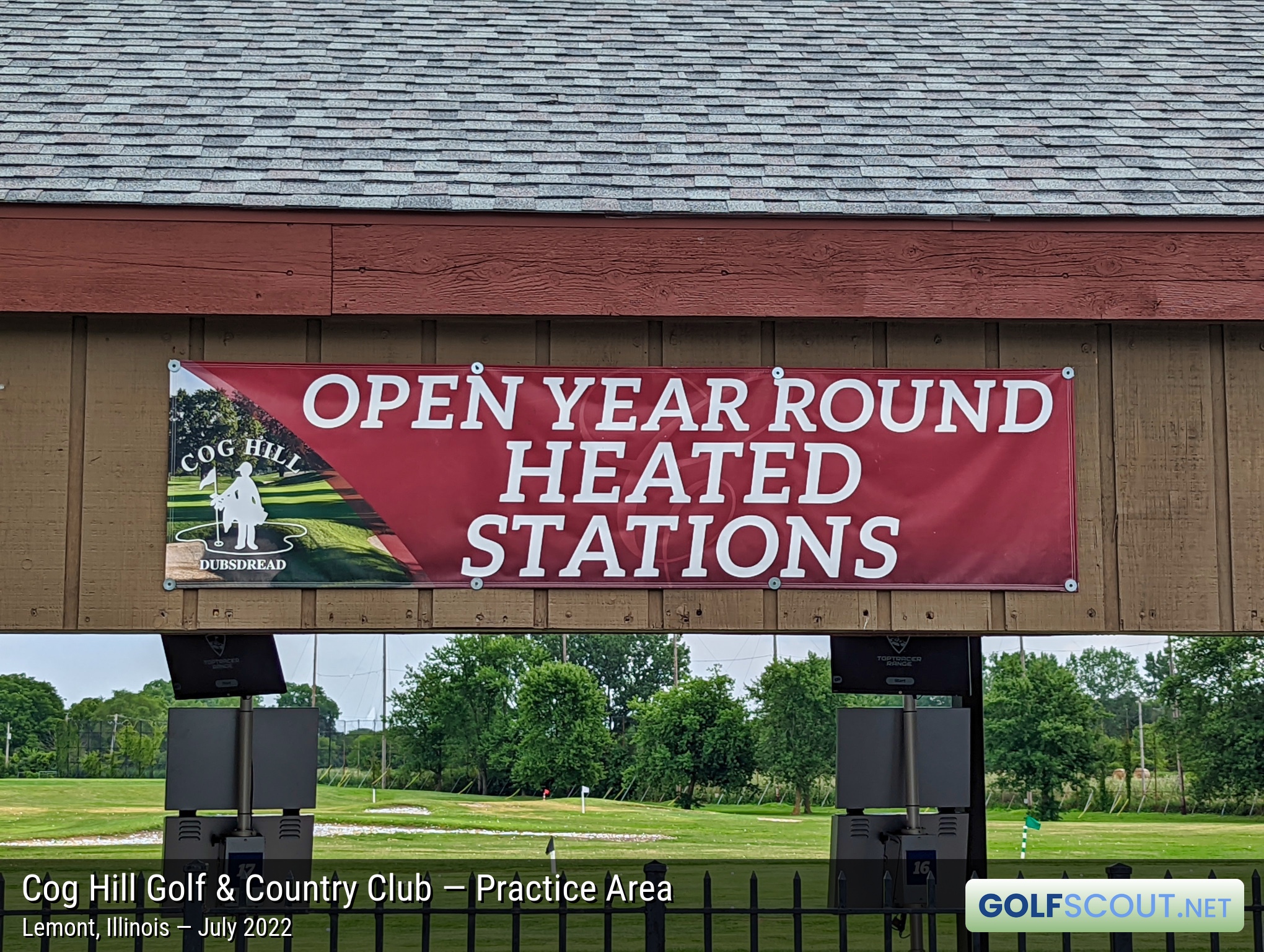 Photo of the practice area at Cog Hill Course #3 in Lemont, Illinois. The range is open all year round, with a heating system for the winter.