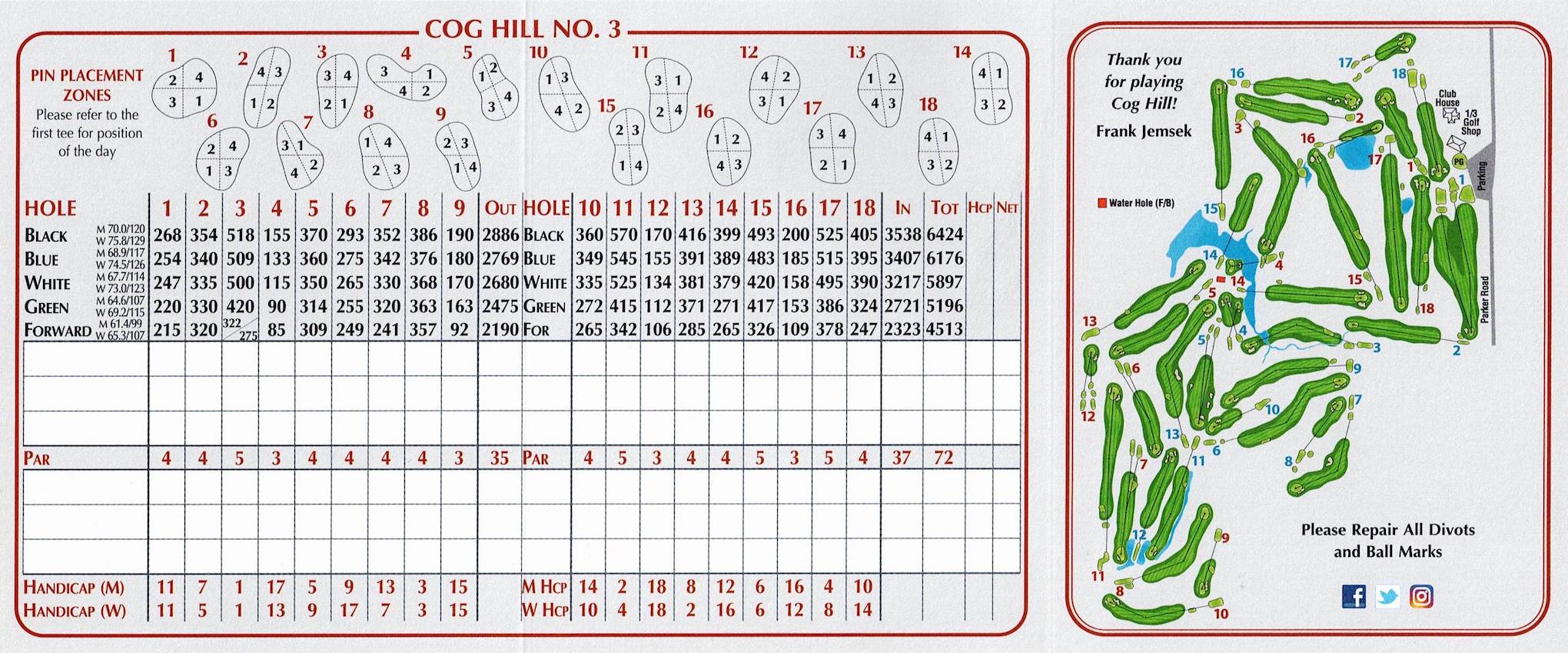 Scan of the scorecard from Cog Hill Course #3 in Lemont, Illinois. The scorecard has the pin placement zones for each green. The day's zone is at the first tee box.