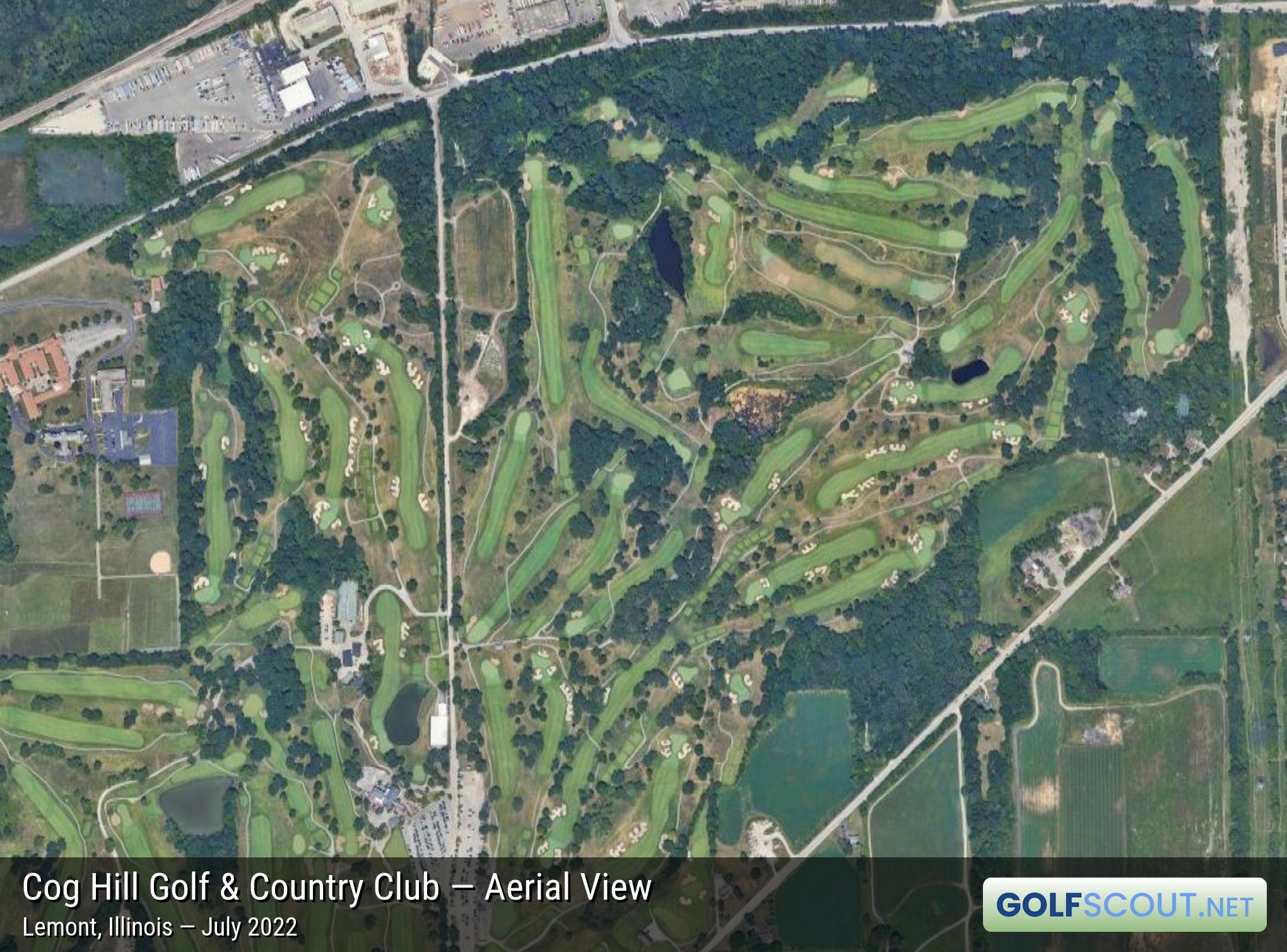 Aerial satellite imagery of Cog Hill Course #4 - Dubsdread in Lemont, Illinois. This image is zoomed in on the northeast area of Cog Hill where Courses 2 (Ravines) and 4 (Dubsdread) are located. Image courtesy of Google Maps.