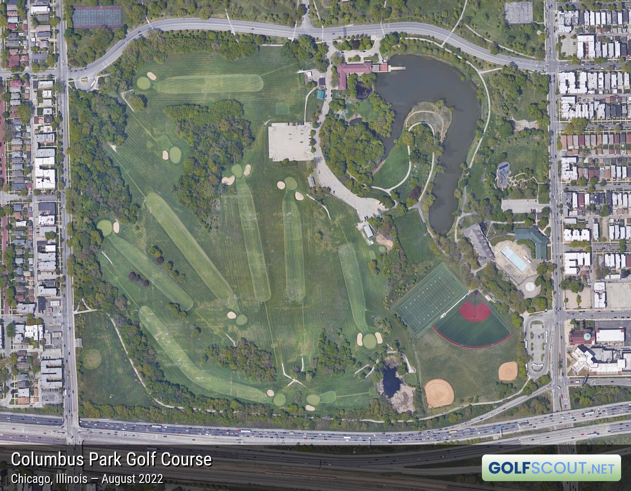 Aerial satellite imagery of Columbus Park Golf Course in Chicago, Illinois. 