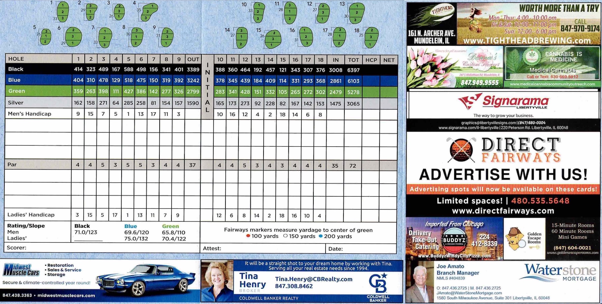 Scan of the scorecard from Countryside Traditional Course in Mundelein, Illinois. 
