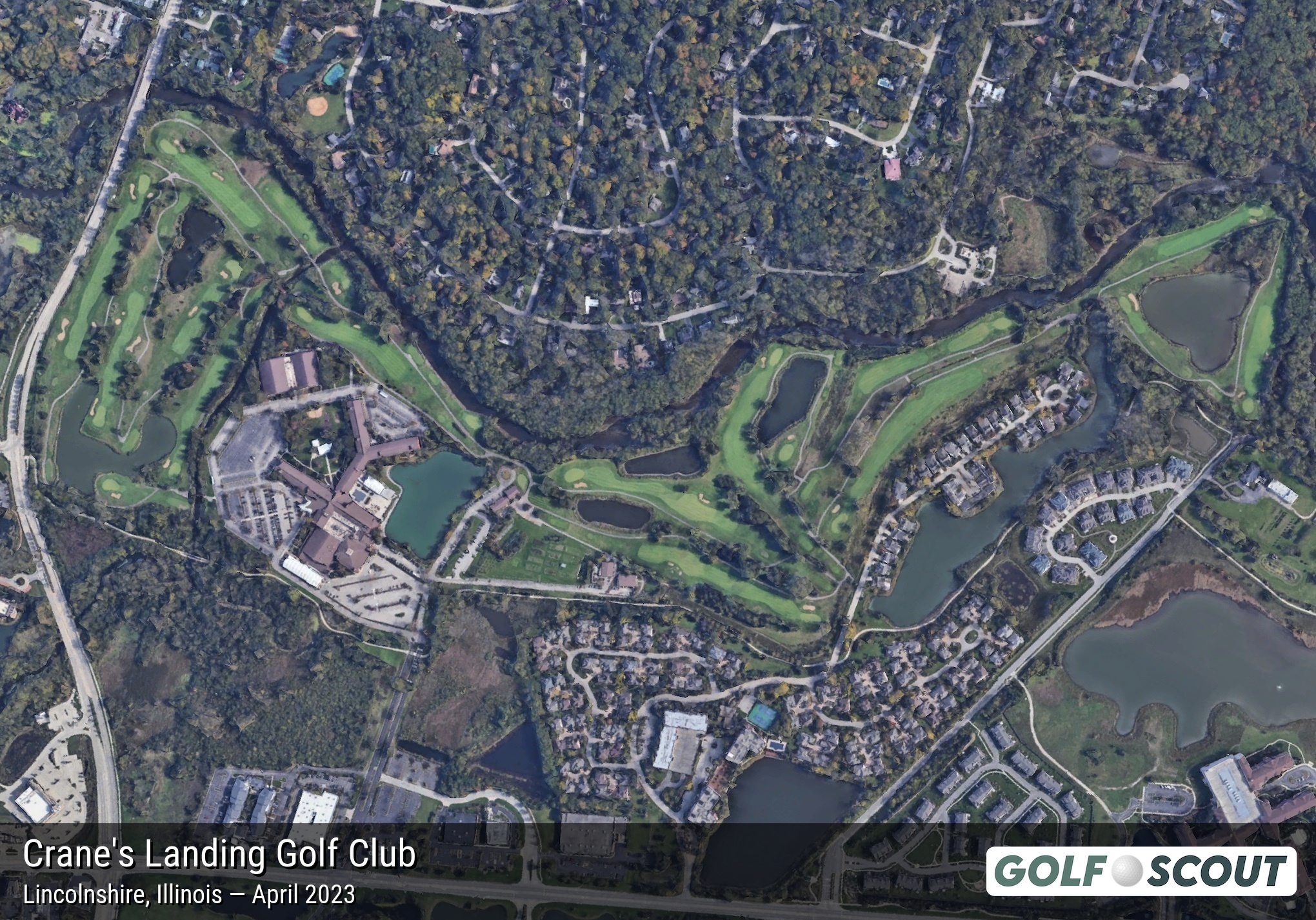 Aerial satellite imagery of Crane's Landing Golf Club in Lincolnshire, Illinois. 