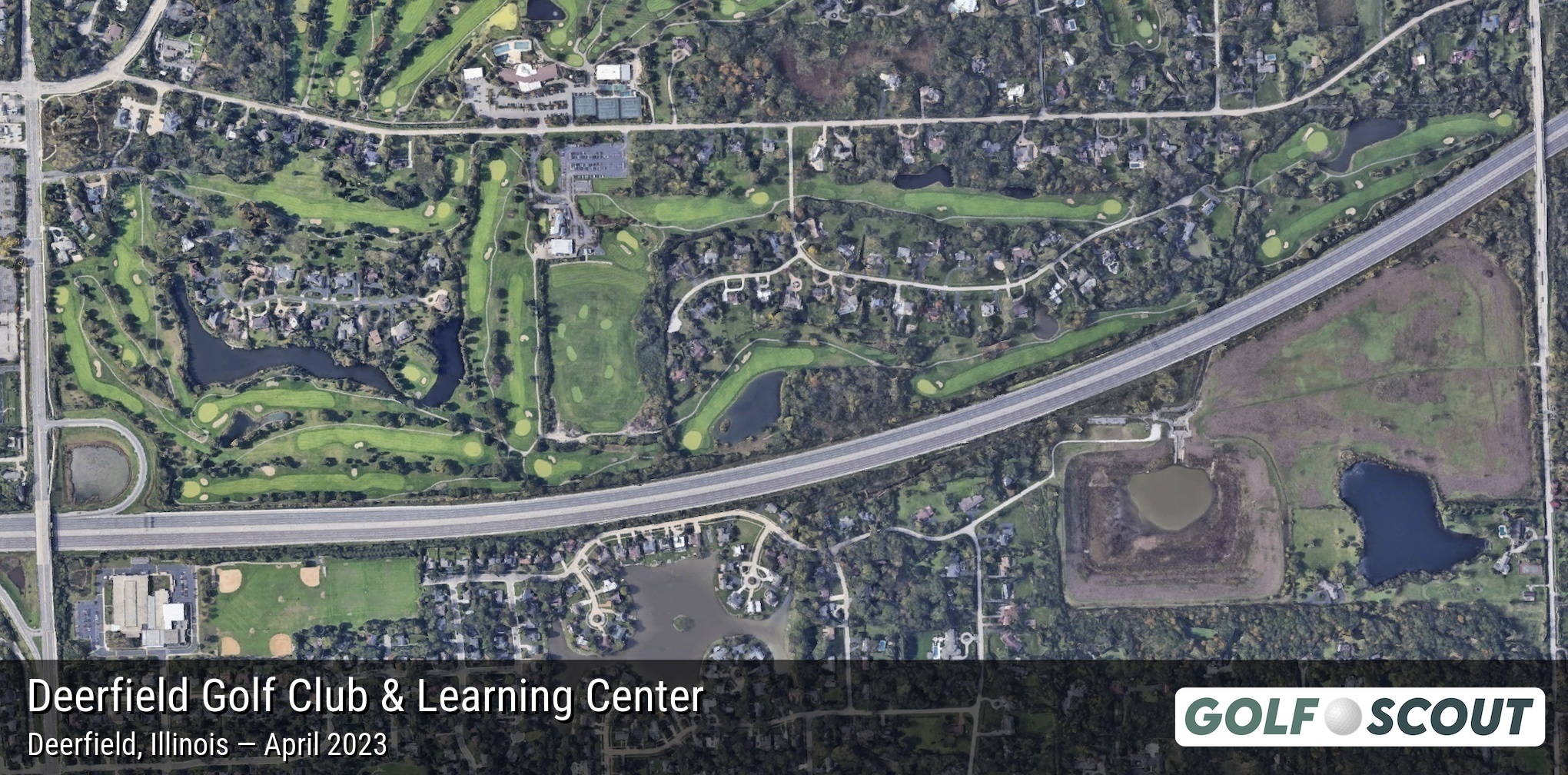 Aerial satellite imagery of Deerfield Golf Club & Learning Center in Riverwoods, Illinois. 