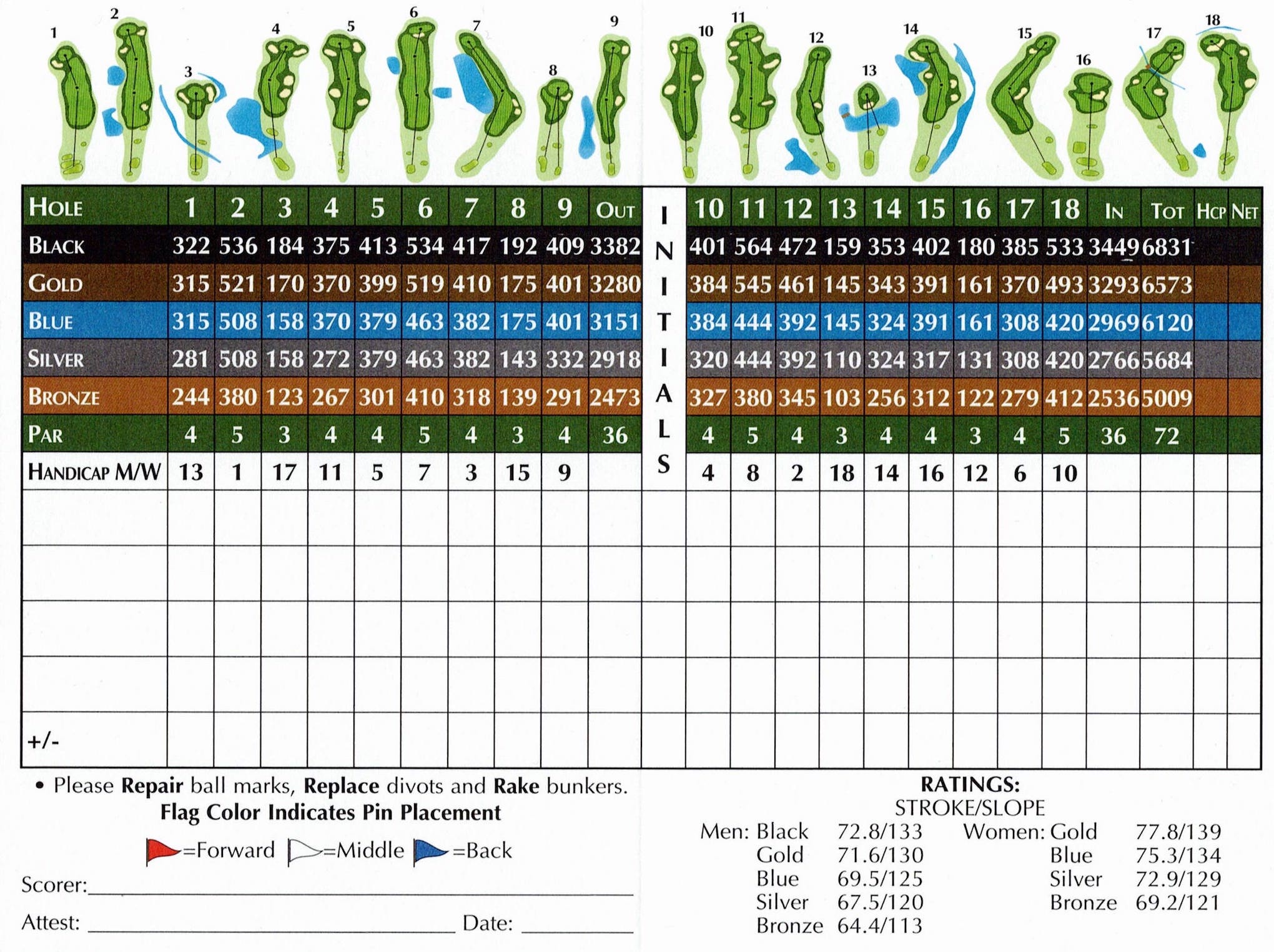 Scan of the scorecard from Deerfield Golf Club & Learning Center in Riverwoods, Illinois. 