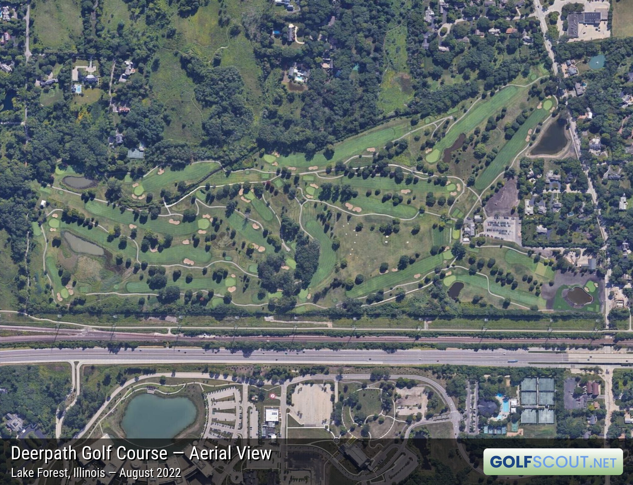 Aerial satellite imagery of Deerpath Golf Course in Lake Forest, Illinois. 