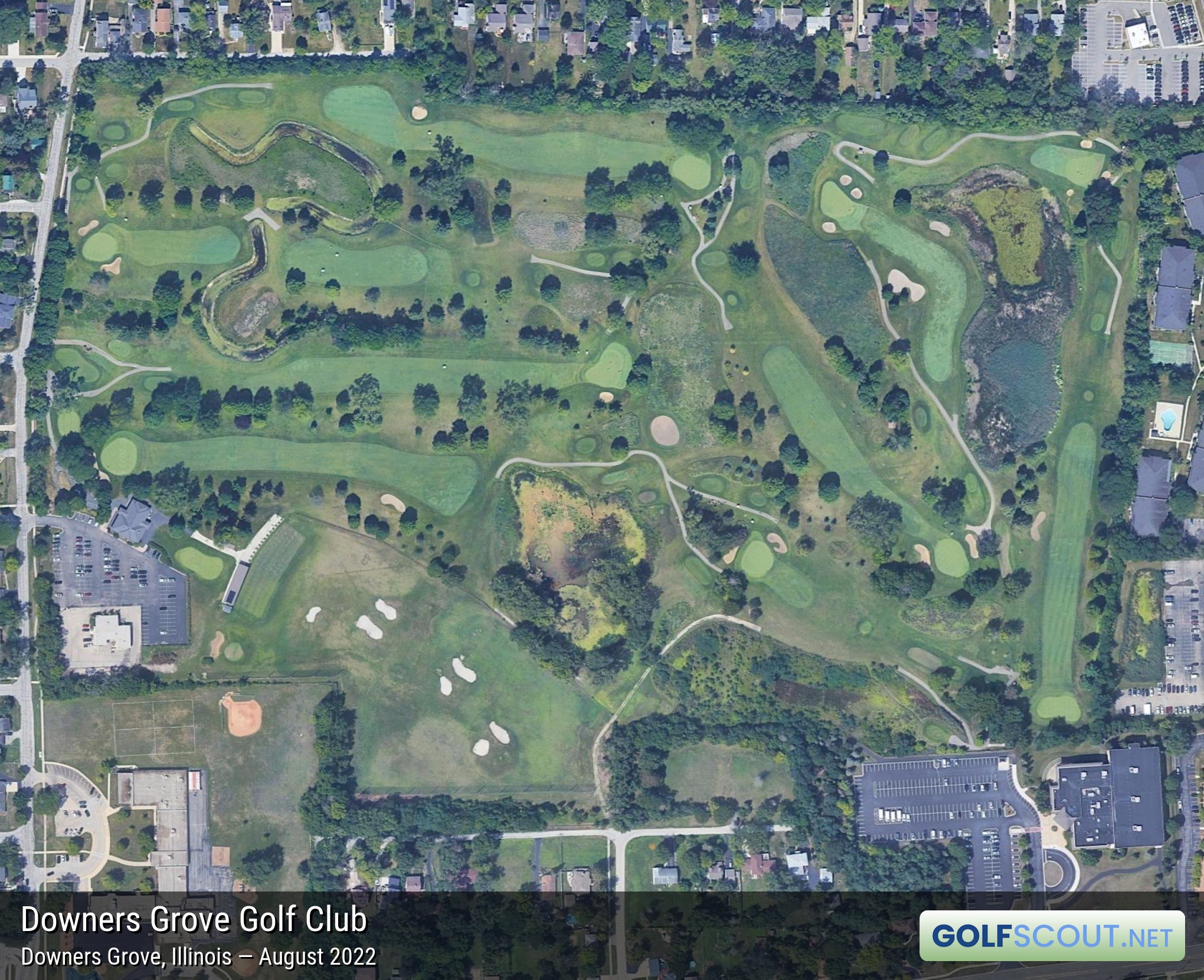 Aerial satellite imagery of Downers Grove Golf Club in Downers Grove, Illinois. 