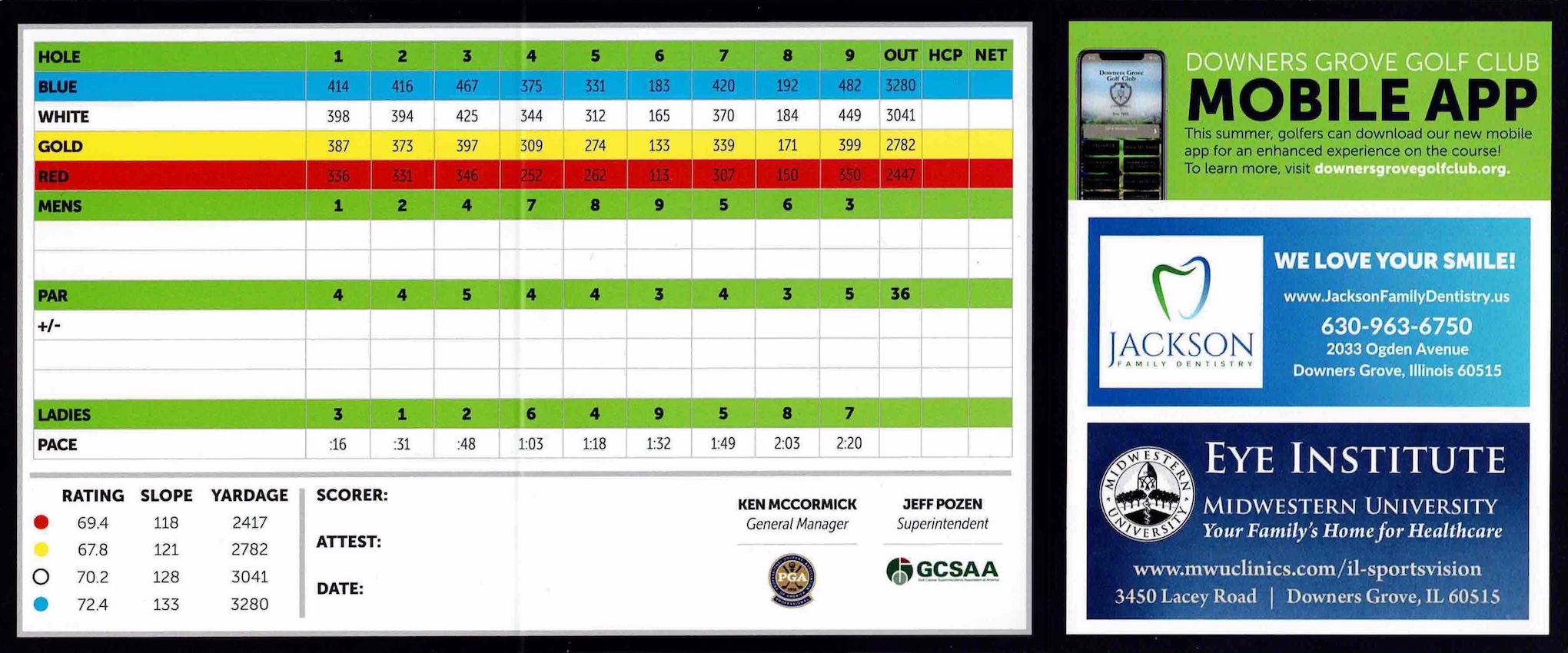 Scan of the scorecard from Downers Grove Golf Club in Downers Grove, Illinois. 
