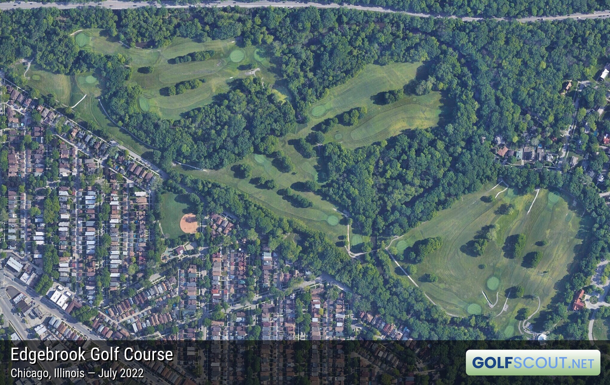 Aerial satellite imagery of Edgebrook Golf Course in Chicago, Illinois. 