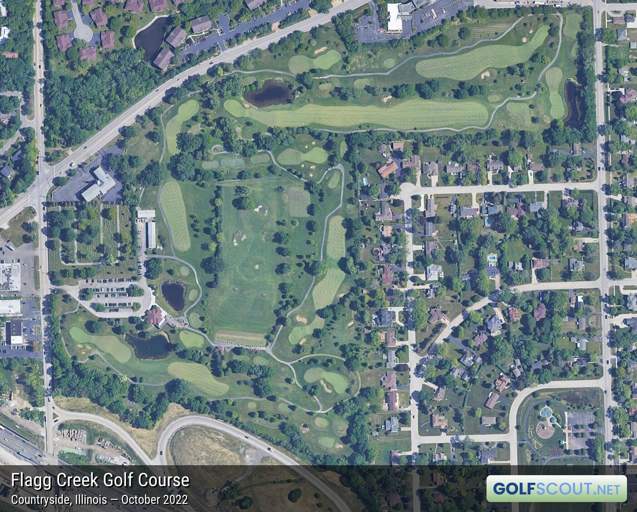 Aerial satellite imagery of Flagg Creek Golf Course in Countryside, Illinois. 