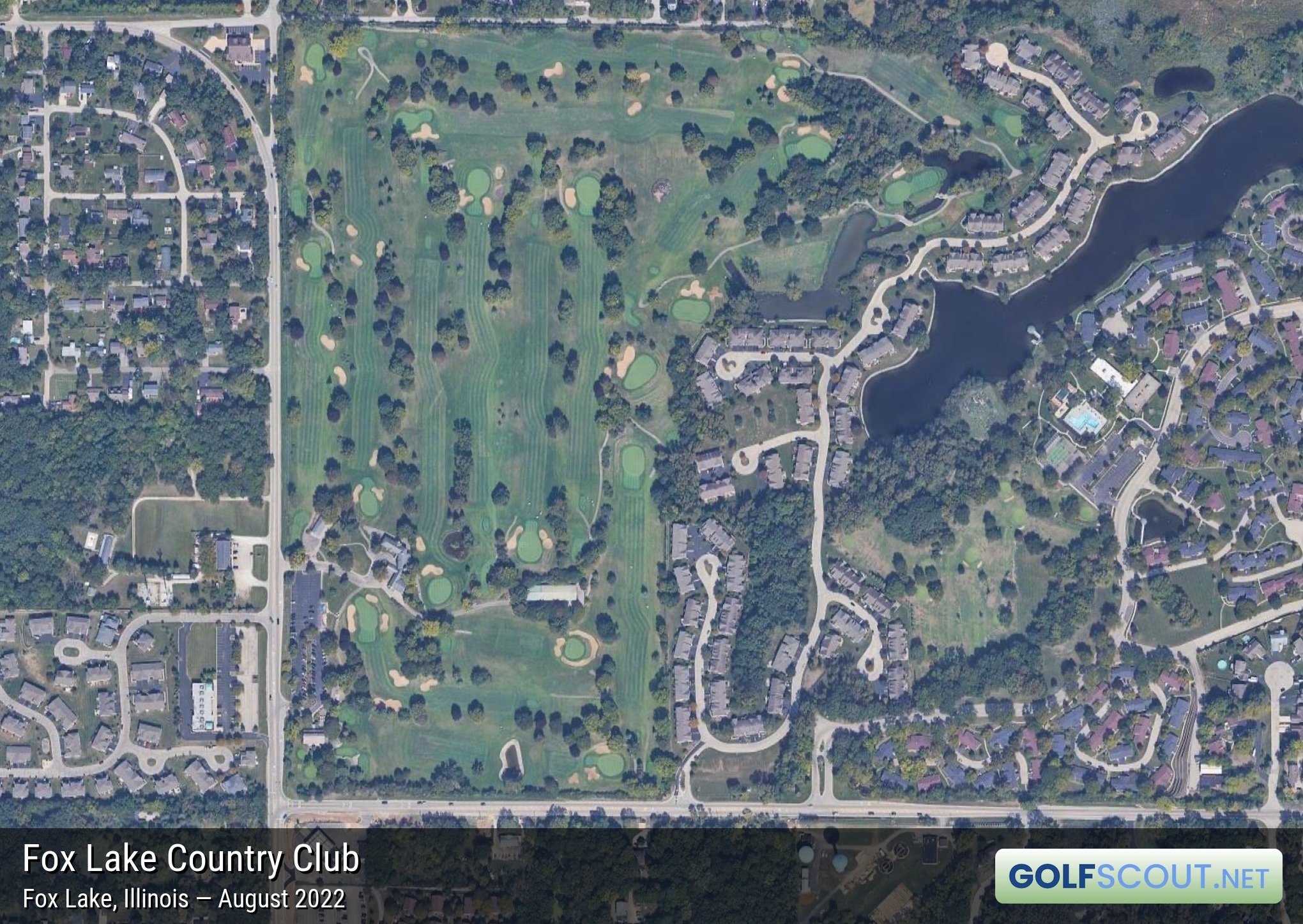 Aerial satellite imagery of Fox Lake Country Club in Fox Lake, Illinois. 