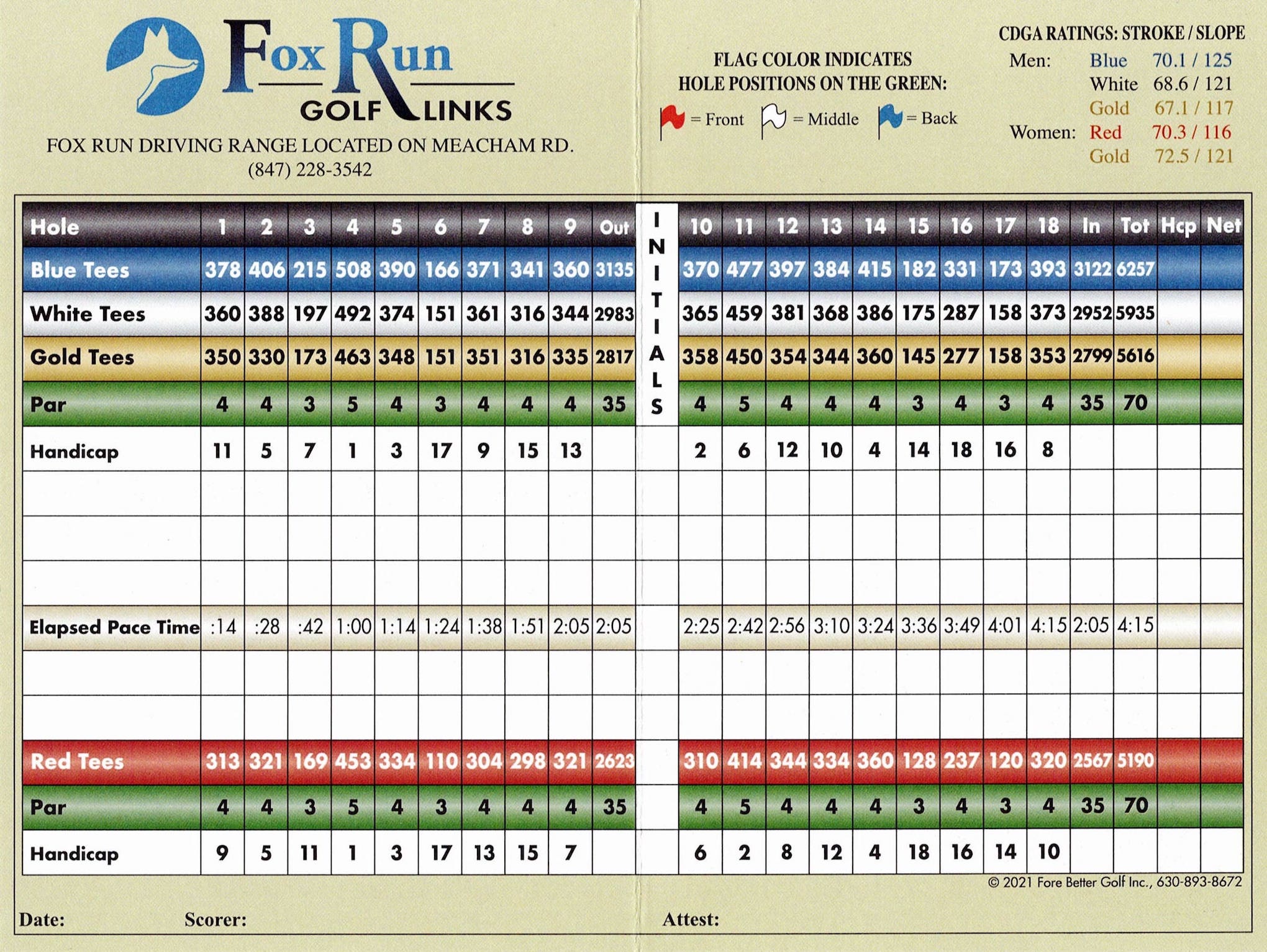 Scan of the scorecard from Fox Run Golf Links in Elk Grove Village, Illinois. 