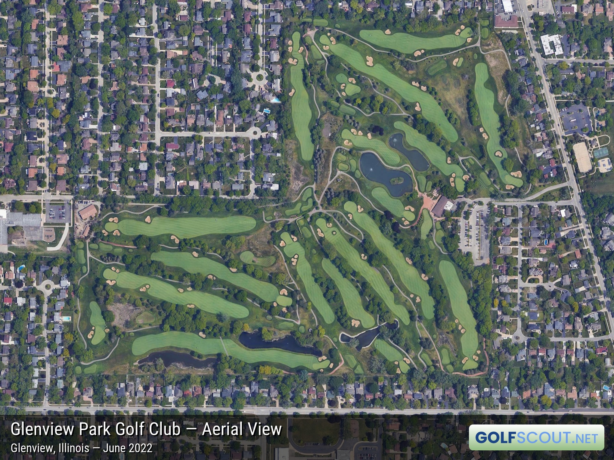 Aerial satellite imagery of Glenview Park Golf Club in Glenview, Illinois. 