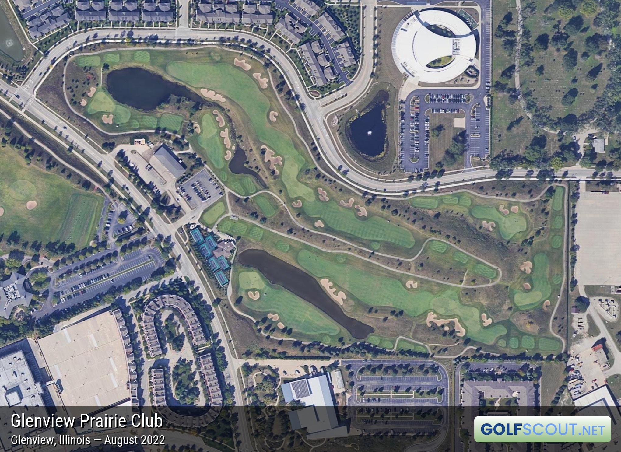 Aerial satellite imagery of Glenview Prairie Club in Glenview, Illinois. 