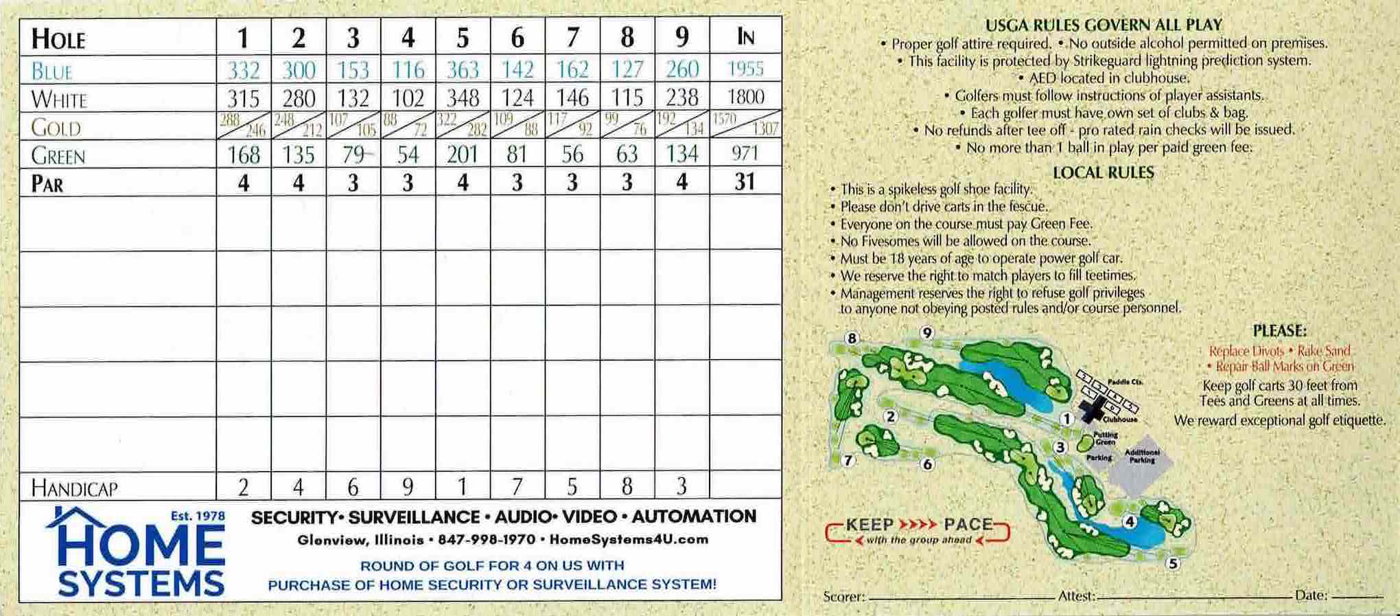 Scan of the scorecard from Glenview Prairie Club in Glenview, Illinois. 