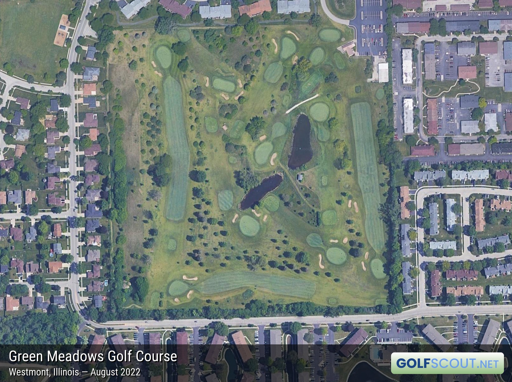 Aerial satellite imagery of Green Meadows Golf Course in Westmont, Illinois. 