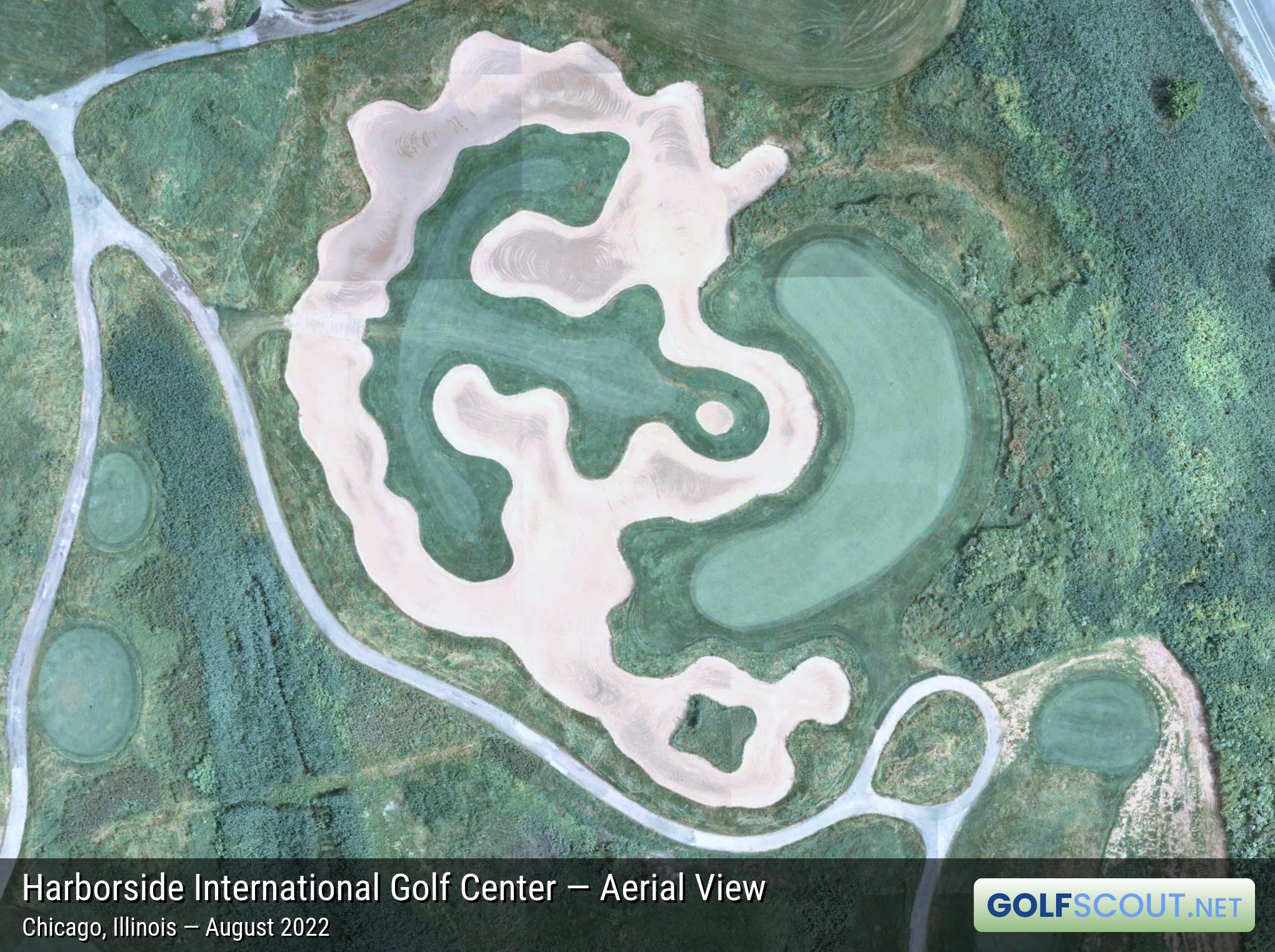 Aerial satellite imagery of Harborside International - Port Course in Chicago, Illinois. 