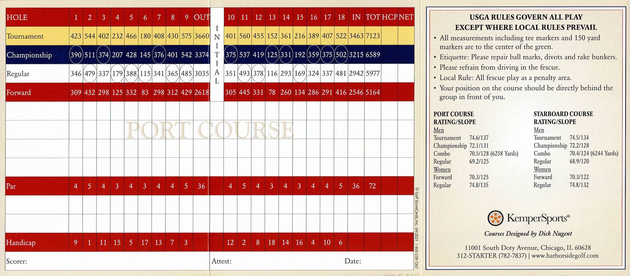 Scan of the scorecard from Harborside International - Starboard Course in Chicago, Illinois. 