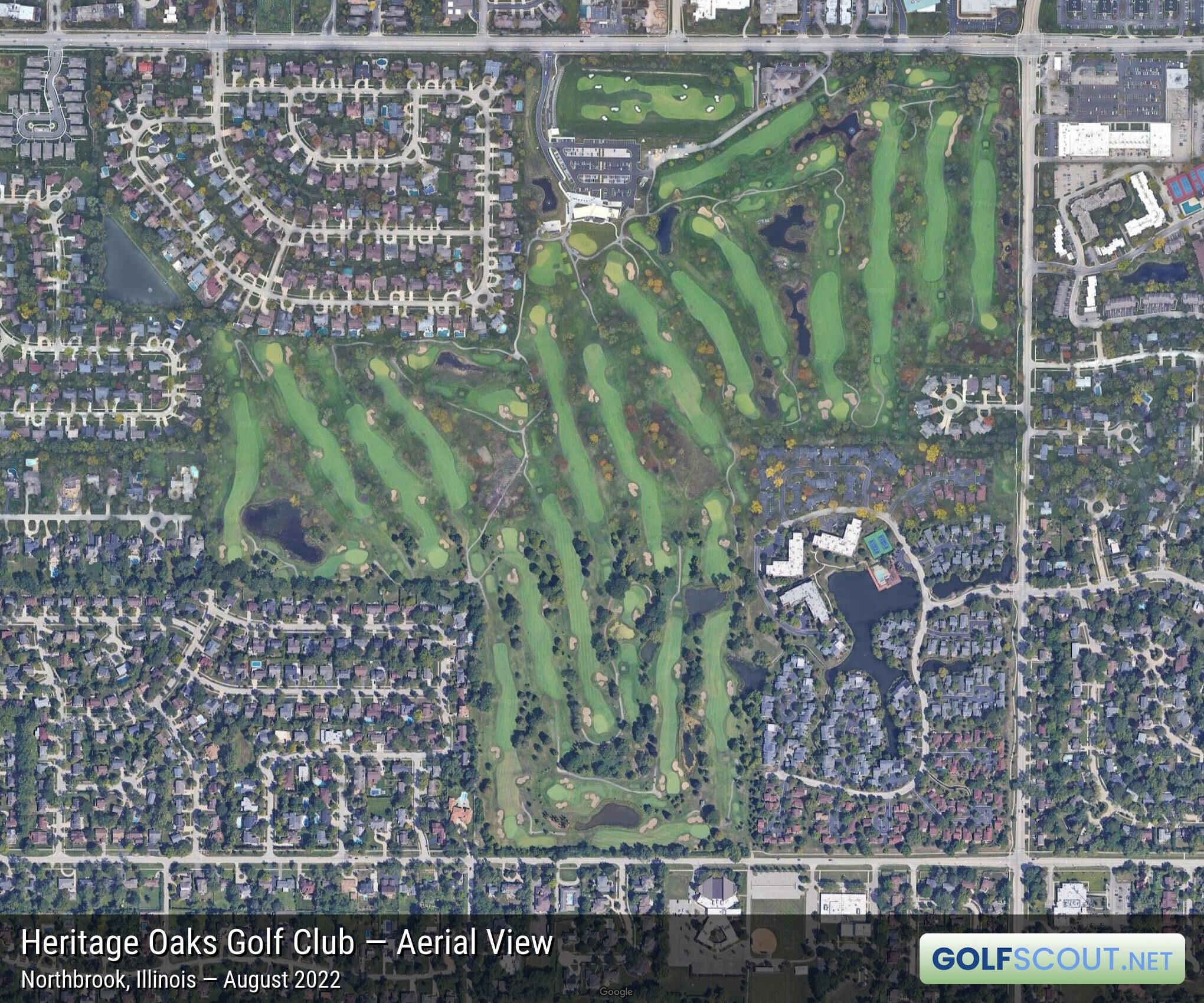 Aerial satellite imagery of Heritage Oaks Golf Club - Classic 18 in Northbrook, Illinois. 
