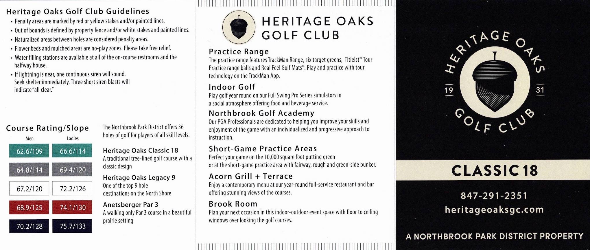 Scan of the scorecard from Heritage Oaks Golf Club - Classic 18 in Northbrook, Illinois. 