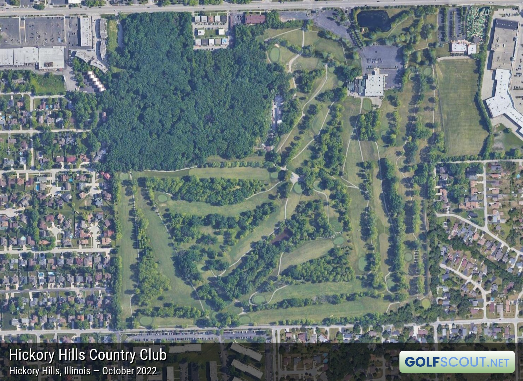 Aerial satellite imagery of Hickory Hills Country Club in Hickory Hills, Illinois. 