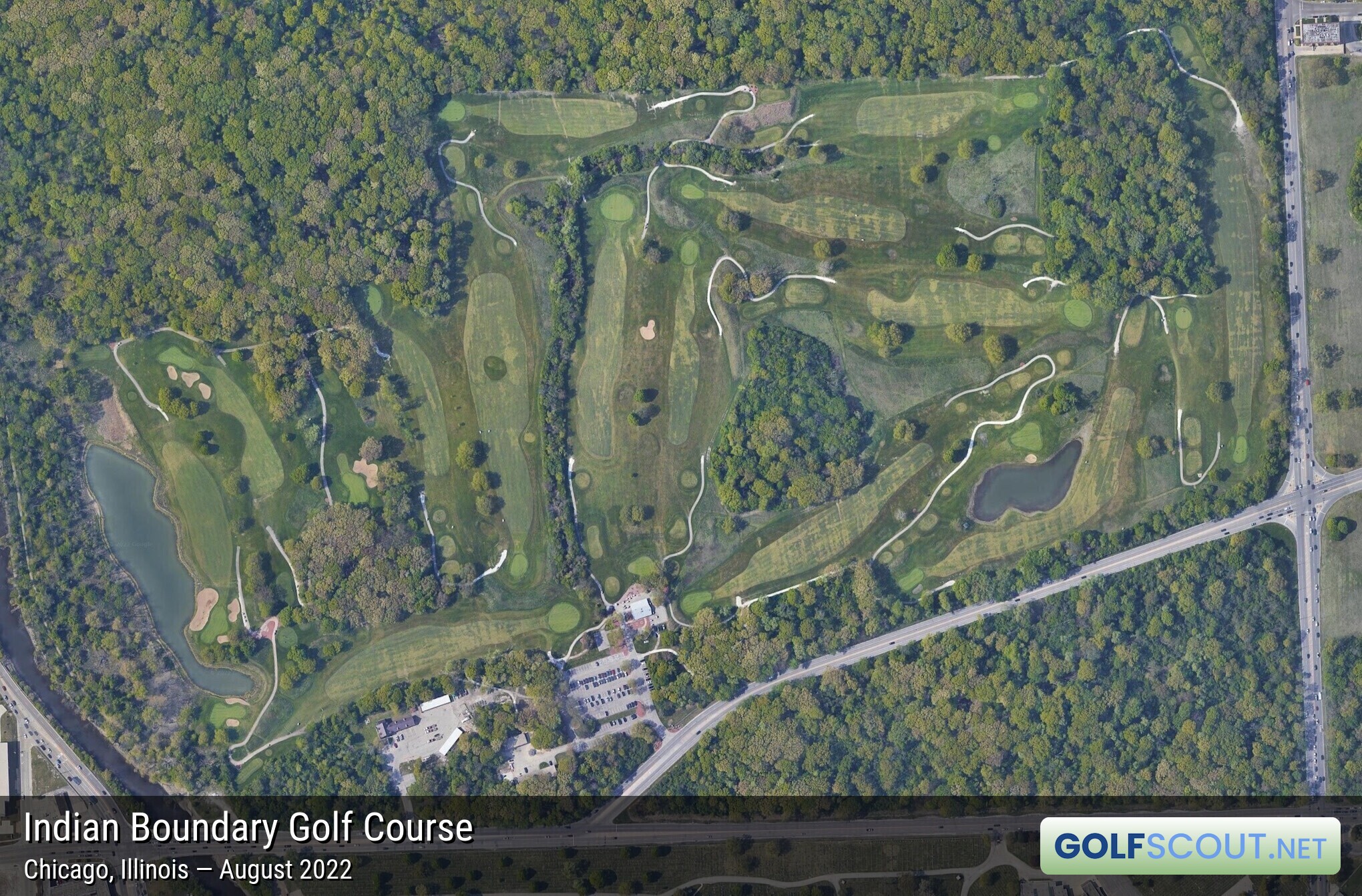 Aerial satellite imagery of Indian Boundary Golf Course in Chicago, Illinois. 