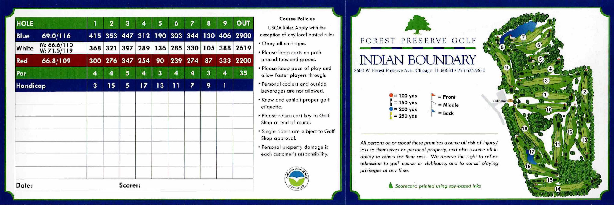 Scan of the scorecard from Indian Boundary Golf Course in Chicago, Illinois. 