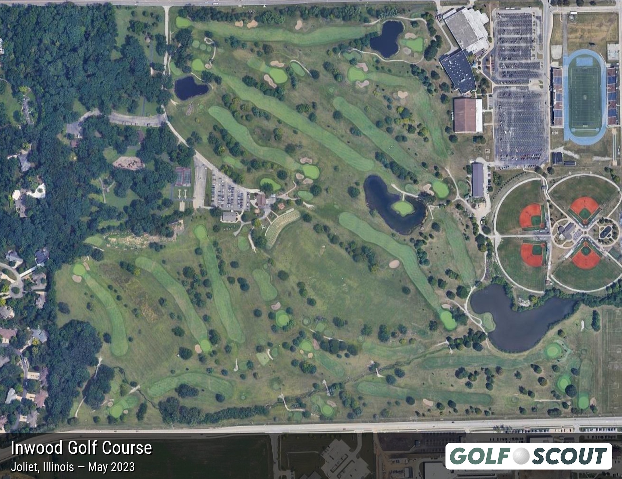 Aerial satellite imagery of Inwood Golf Course in Joliet, Illinois. 