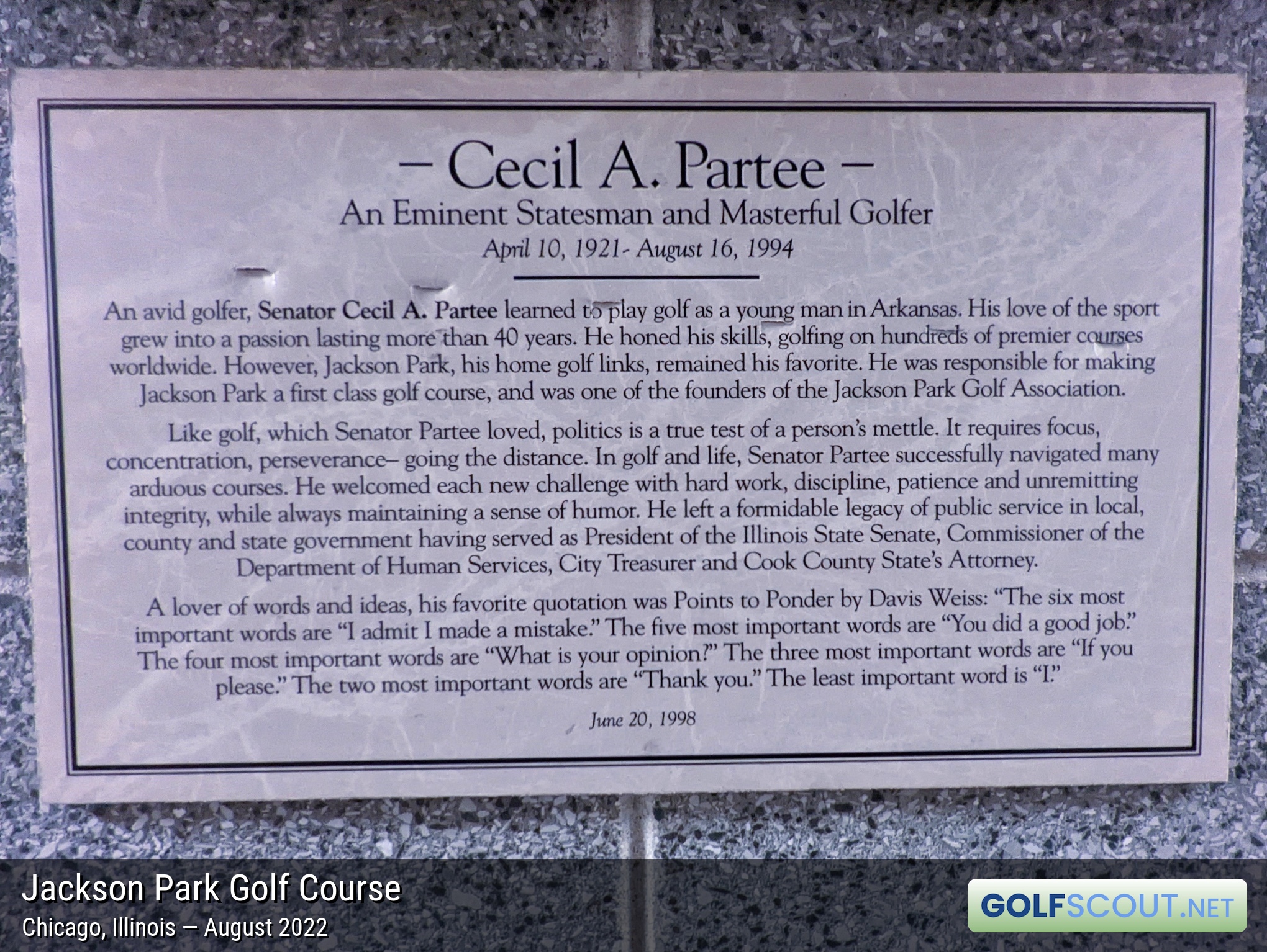 Miscellaneous photo of Jackson Park Golf Course in Chicago, Illinois. “Cecil A. Partee, an Eminent Statesman and Masterful Golfer. An avid golfer, Senator Cecil A. Partee learned to play golf as a young man in Arkansas. His love of the sport grew into a passion lasting more than 40 years. He honed his skills, golfing on hundreds of premier courses worldwide. However, Jackson Park, his home golf links, remained his favorite. He was responsible for making Jackson Park a first class golf course, and was one of the founders of the Jackson Park Golf Association.”