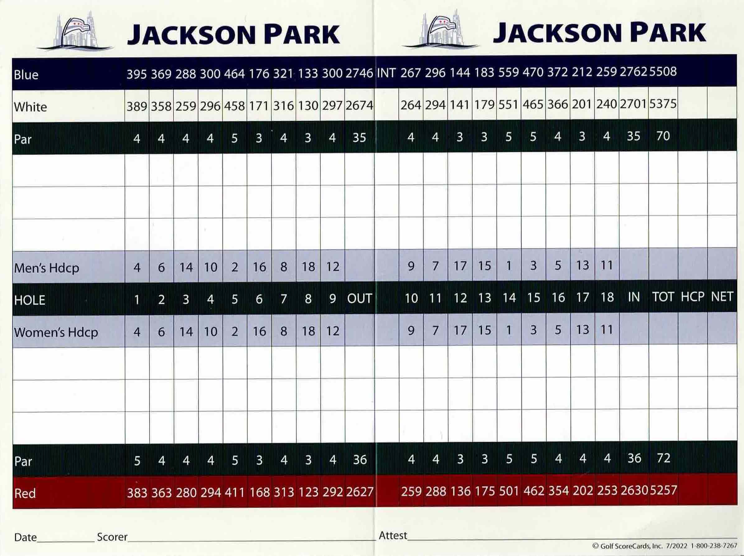 Scan of the scorecard from Jackson Park Golf Course in Chicago, Illinois. 