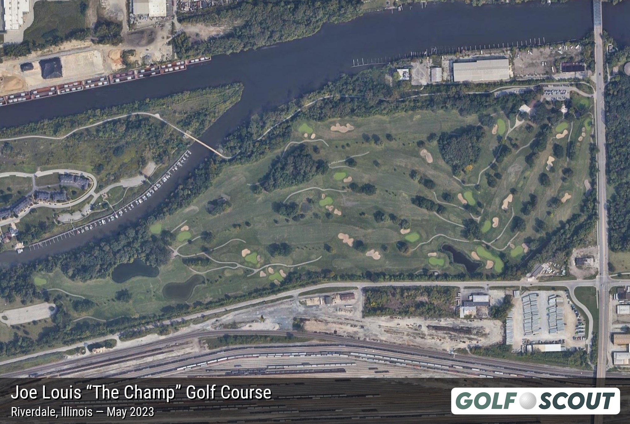 Aerial satellite imagery of Joe Louis “The Champ” Golf Course in Riverdale, Illinois. 