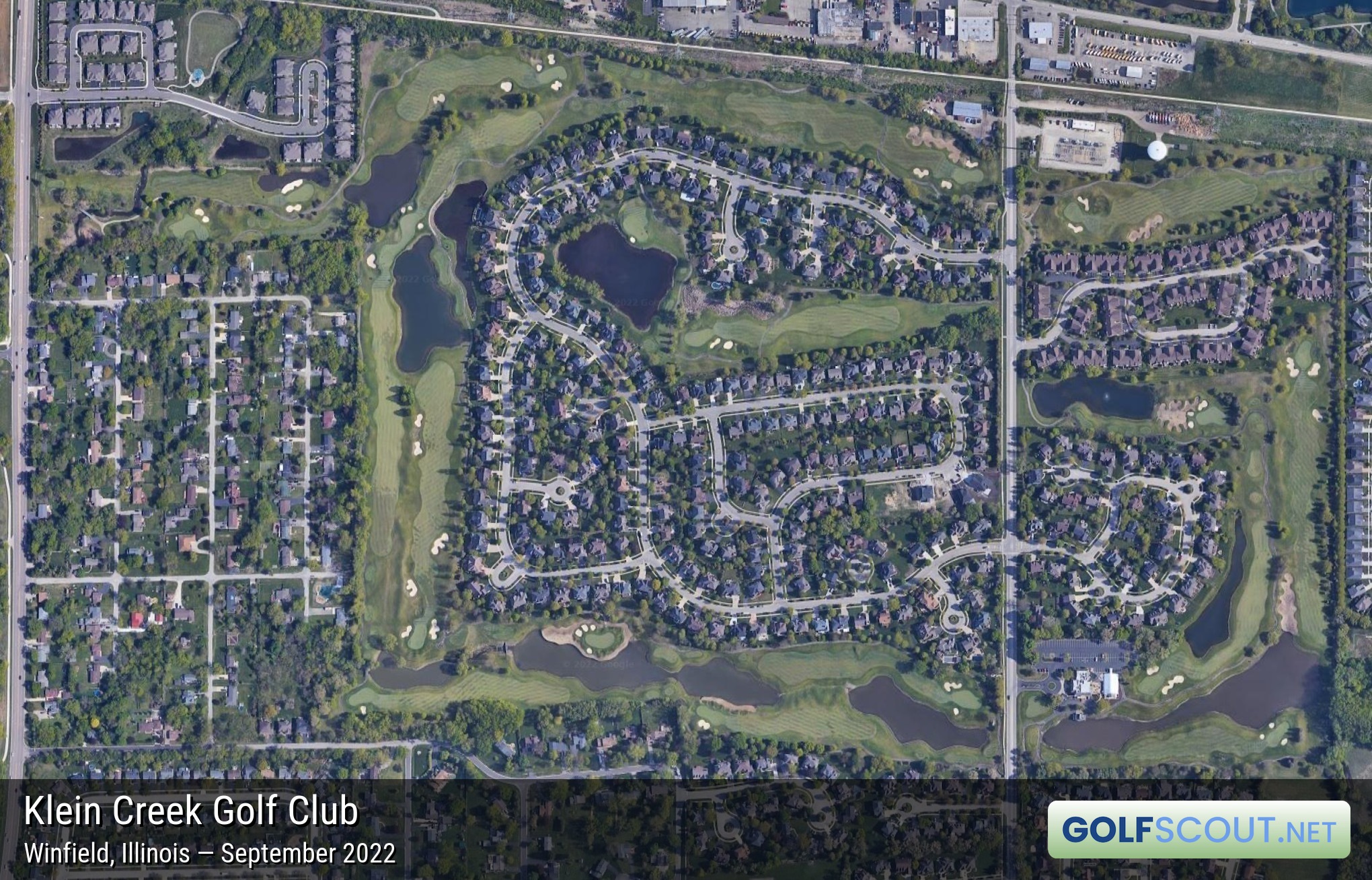 Aerial satellite imagery of Klein Creek Golf Club in Winfield, Illinois. 