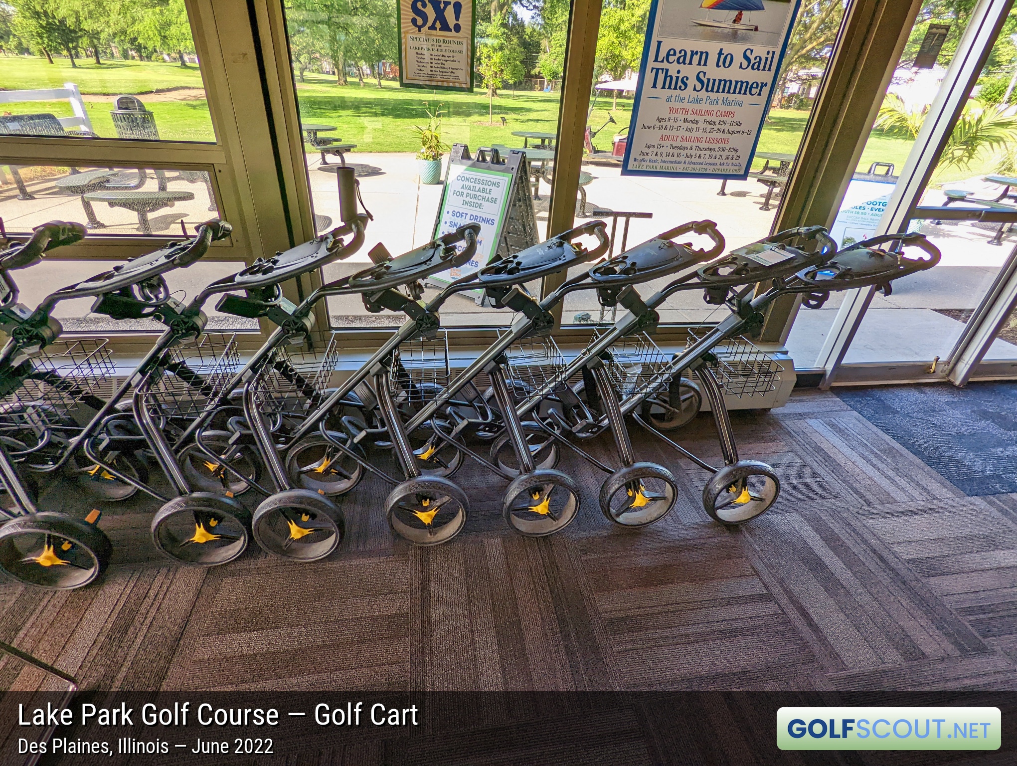 Photo of the golf carts at Lake Park Golf Course in Des Plaines, Illinois. 