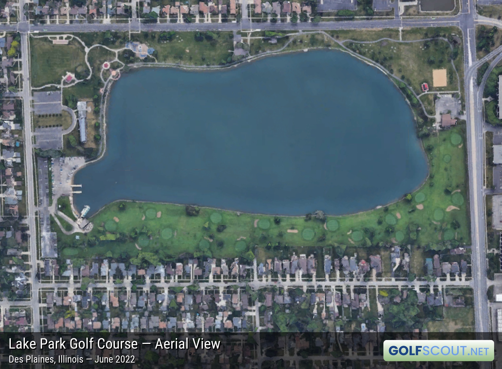 Aerial satellite imagery of Lake Park Golf Course in Des Plaines, Illinois. 
