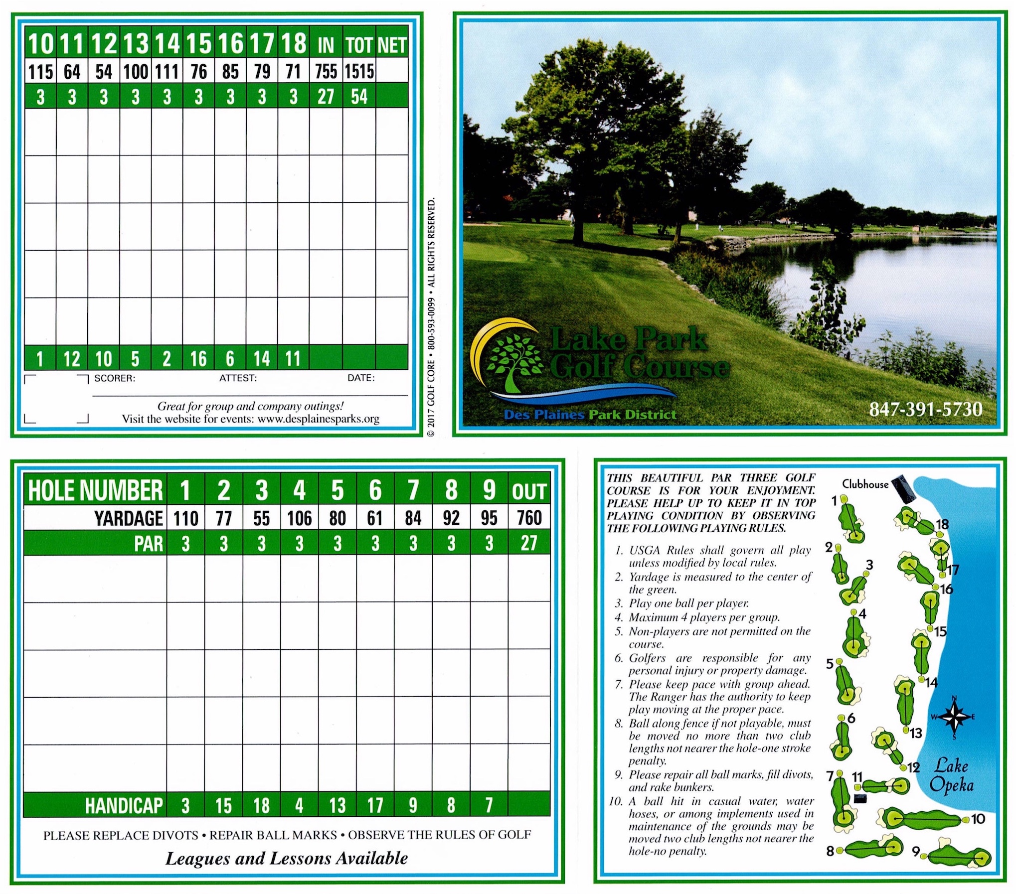 Scan of the scorecard from Lake Park Golf Course in Des Plaines, Illinois. 