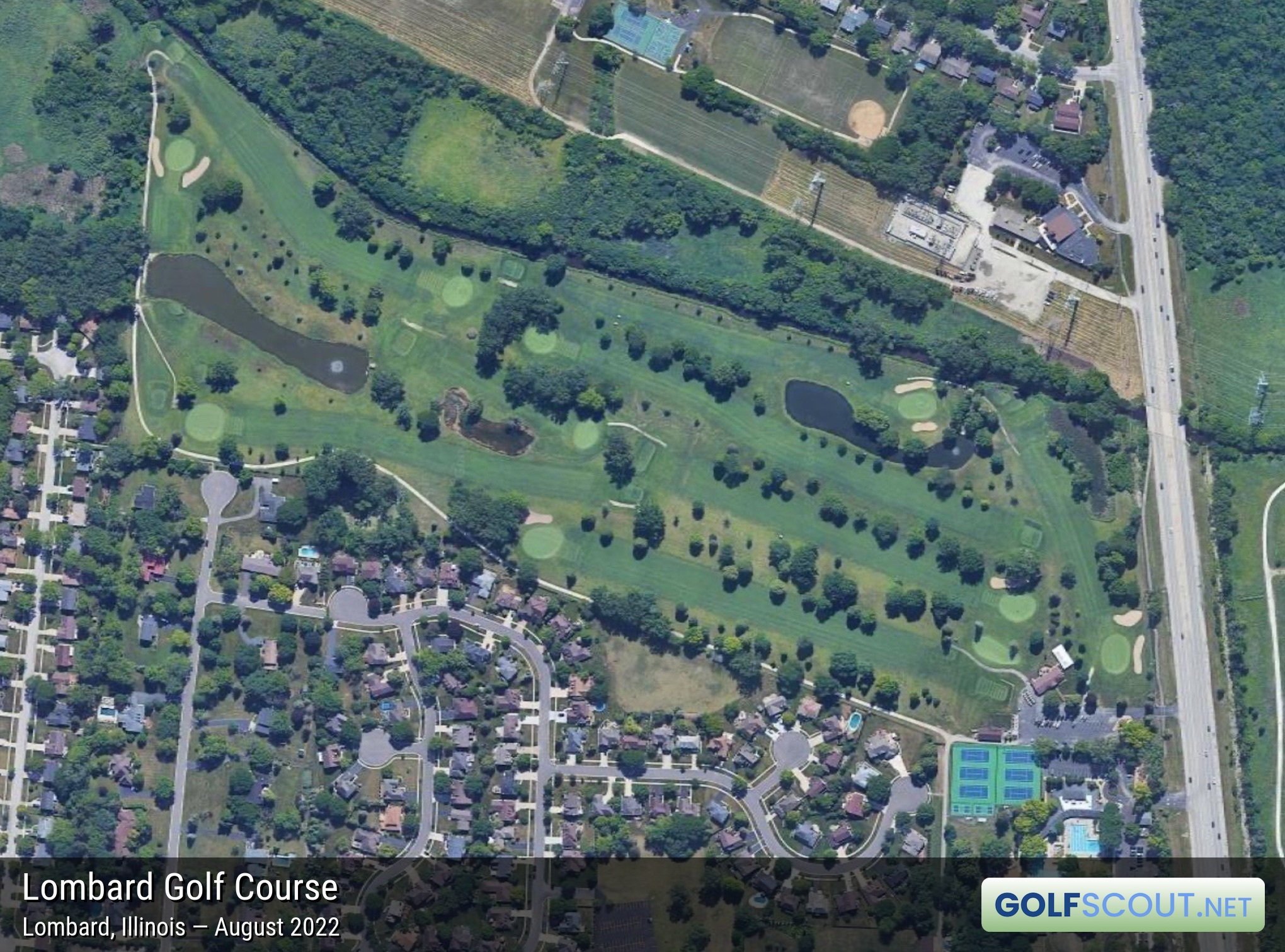Aerial satellite imagery of Lombard Golf Course in Lombard, Illinois. 