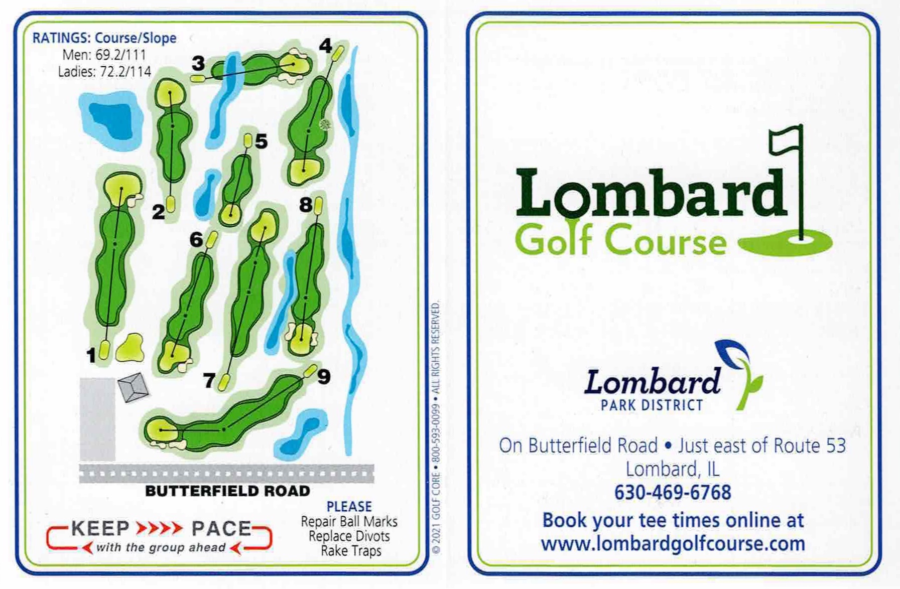 Scan of the scorecard from Lombard Golf Course in Lombard, Illinois. 