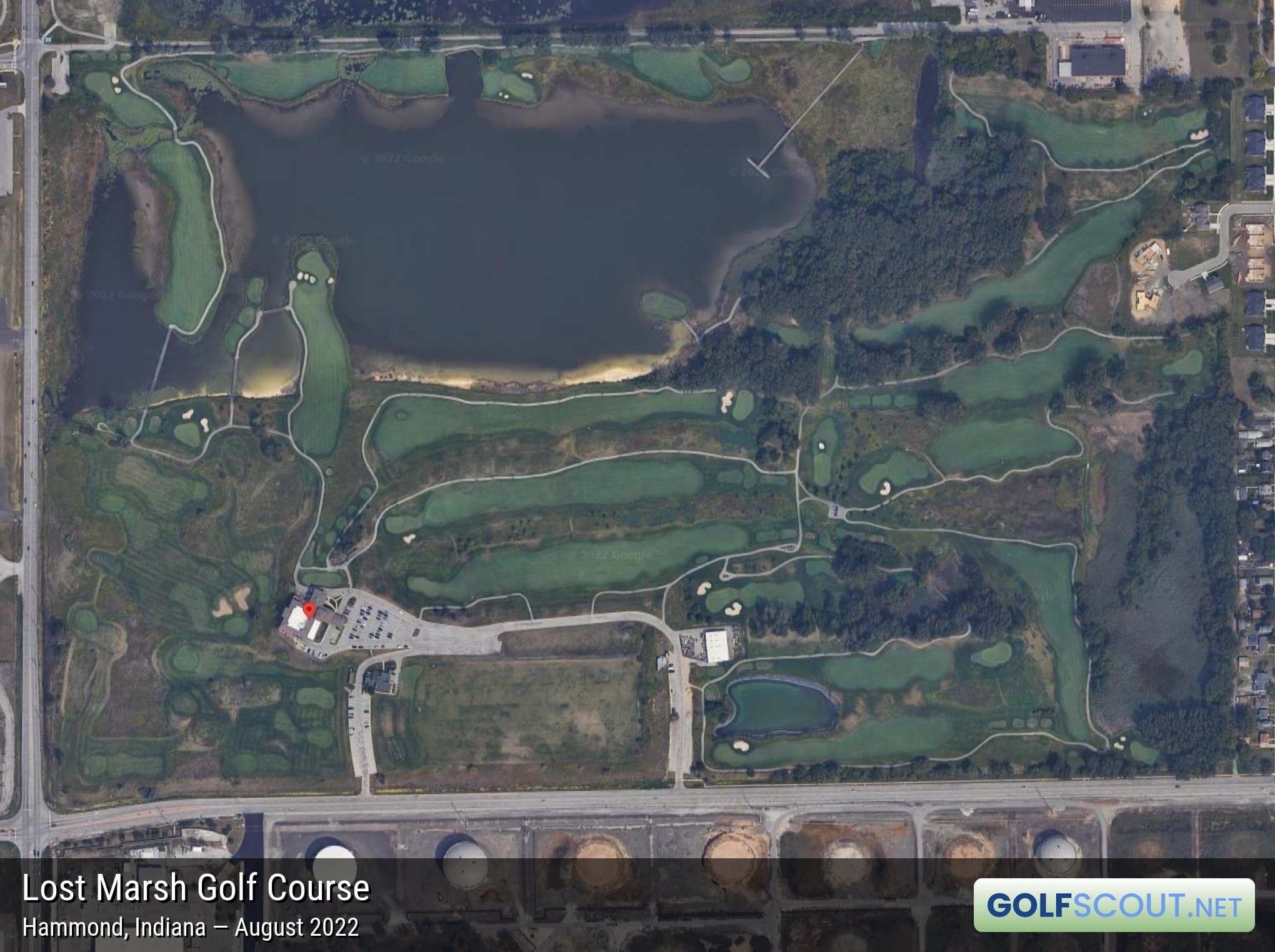 Aerial satellite imagery of Lost Marsh Golf Course in Hammond, Indiana. 
