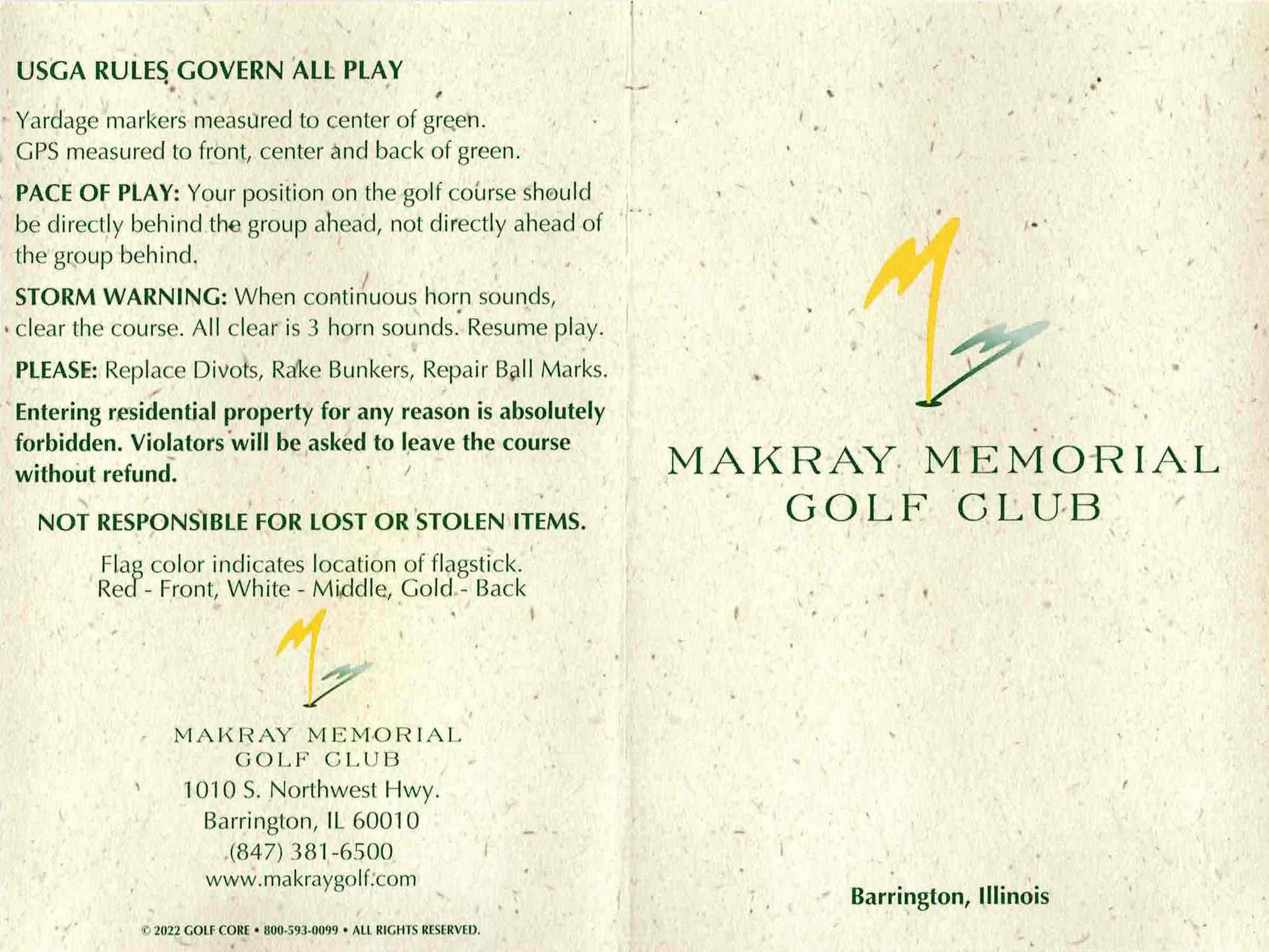 Scan of the scorecard from Makray Memorial Golf Club in Barrington, Illinois. 