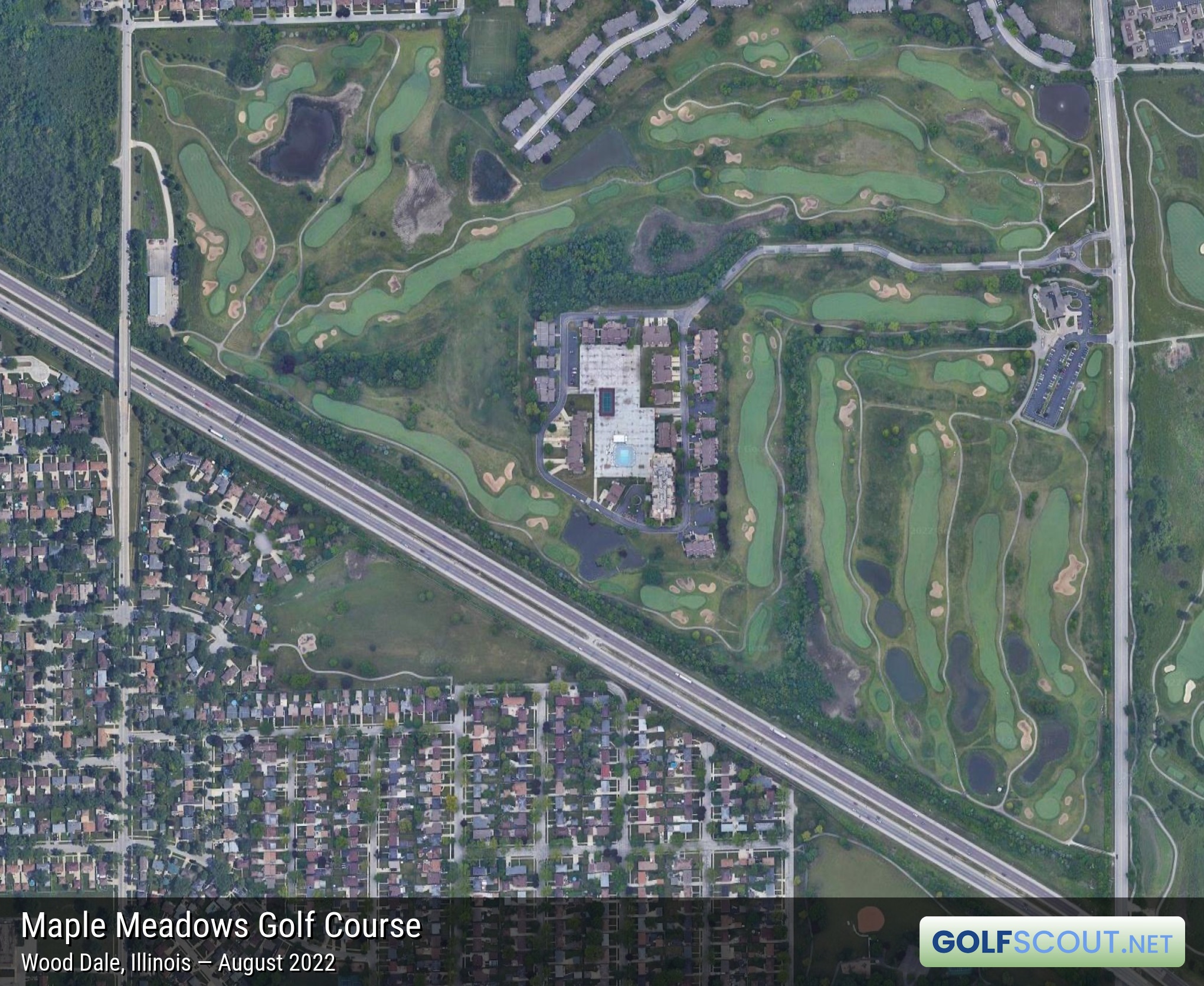 Aerial satellite imagery of Maple Meadows Golf Course in Wood Dale, Illinois. 