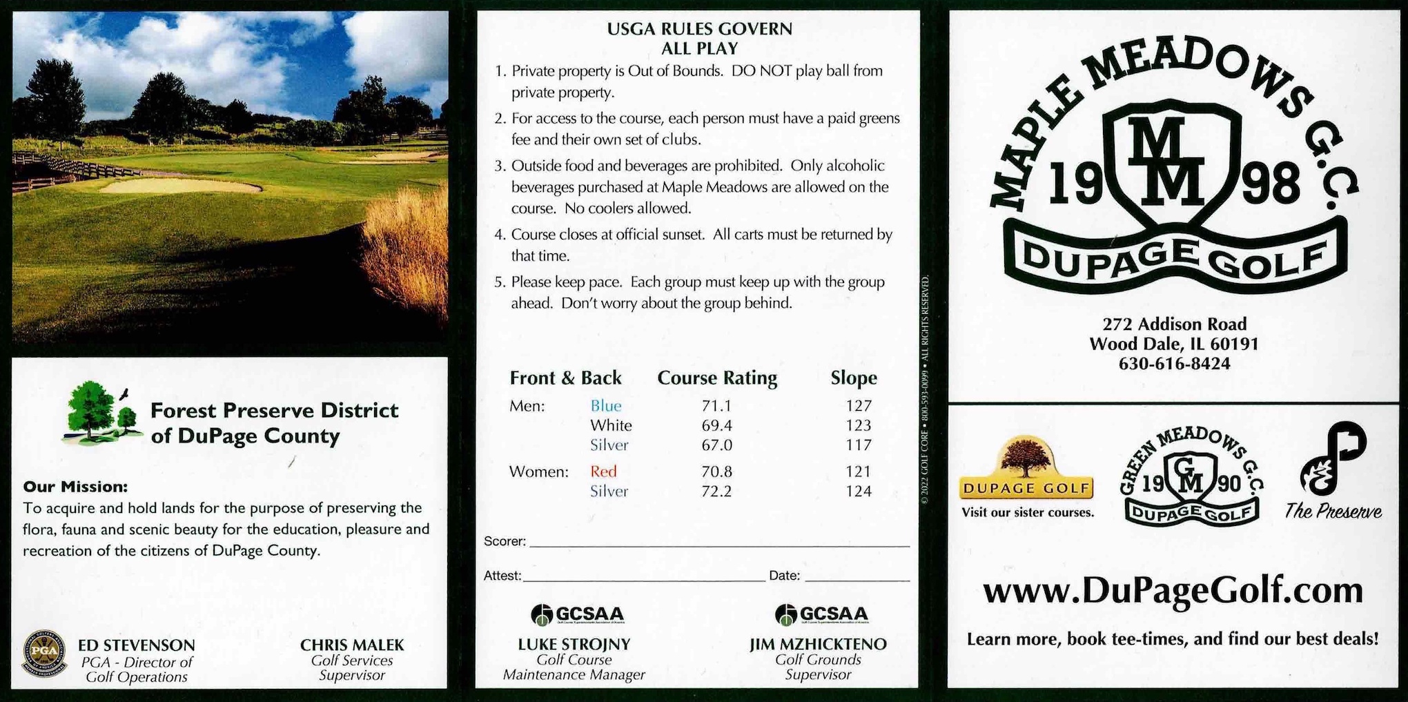 Scan of the scorecard from Maple Meadows Golf Course in Wood Dale, Illinois. 